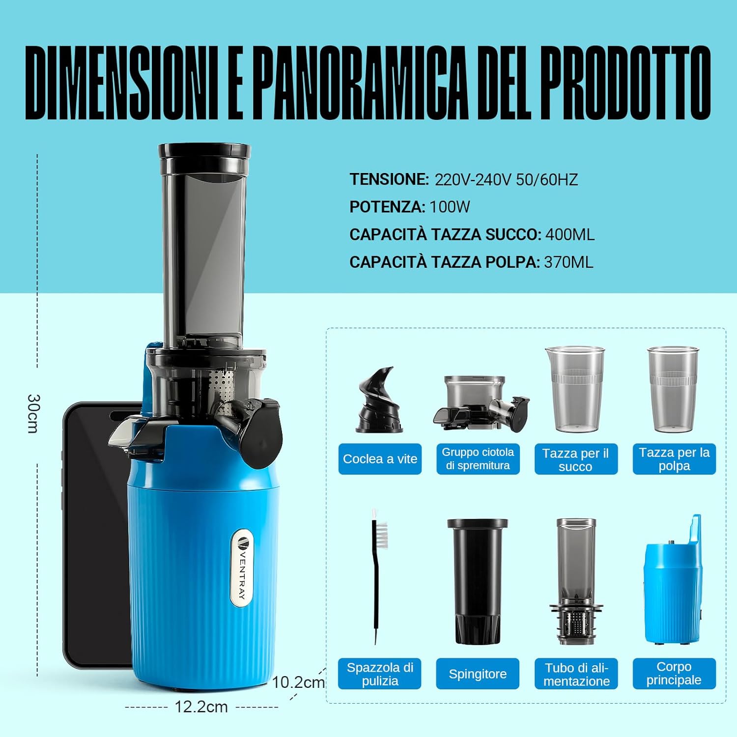 Ventray Ginnie Estrattore Frutta e Verdura Slow Juicer, Blu - immagine 8