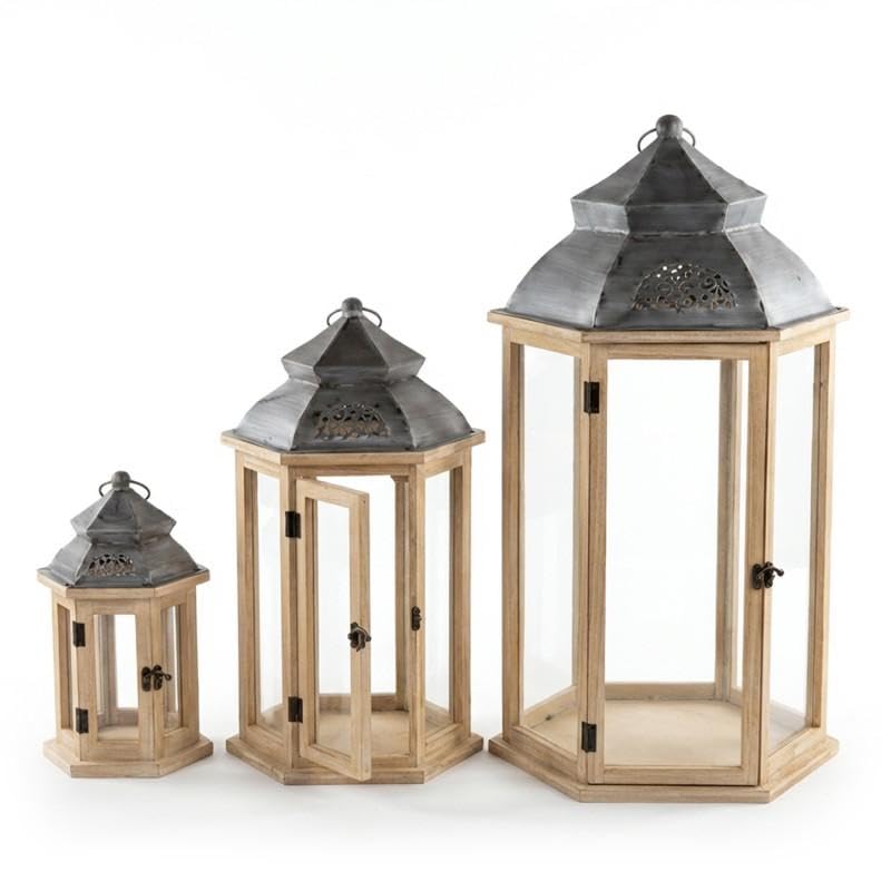 Set 3 Lanterne in Legno e Metallo Naturale/Grigio