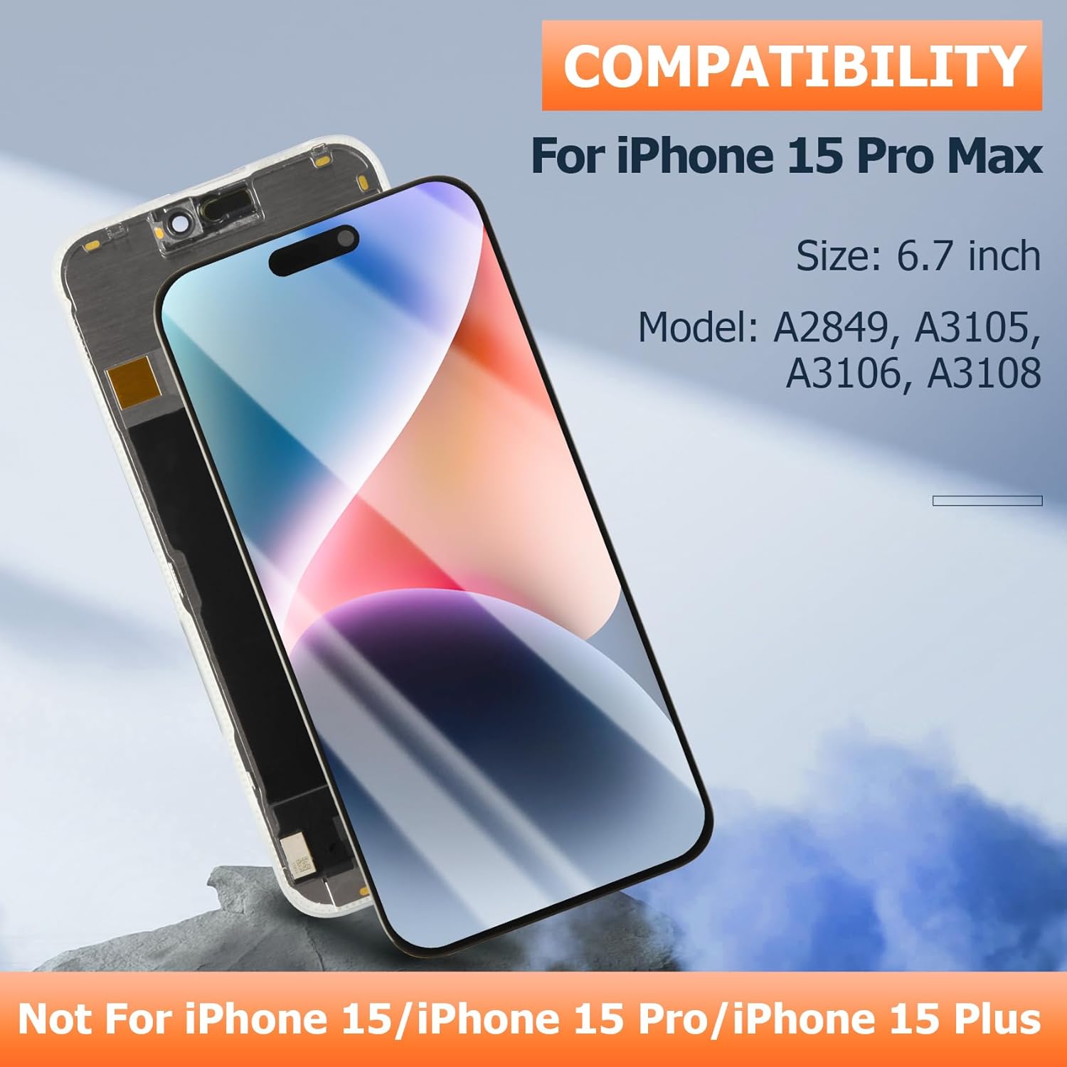 AGCUT Schermo LCD OLED per iPhone 15 Pro Max 6.7", Nero - immagine 2