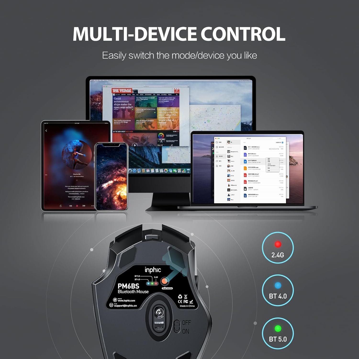 Inphic Mouse Bluetooth Tri-Mode Ricaricabile 800-1600DPI - immagine 2