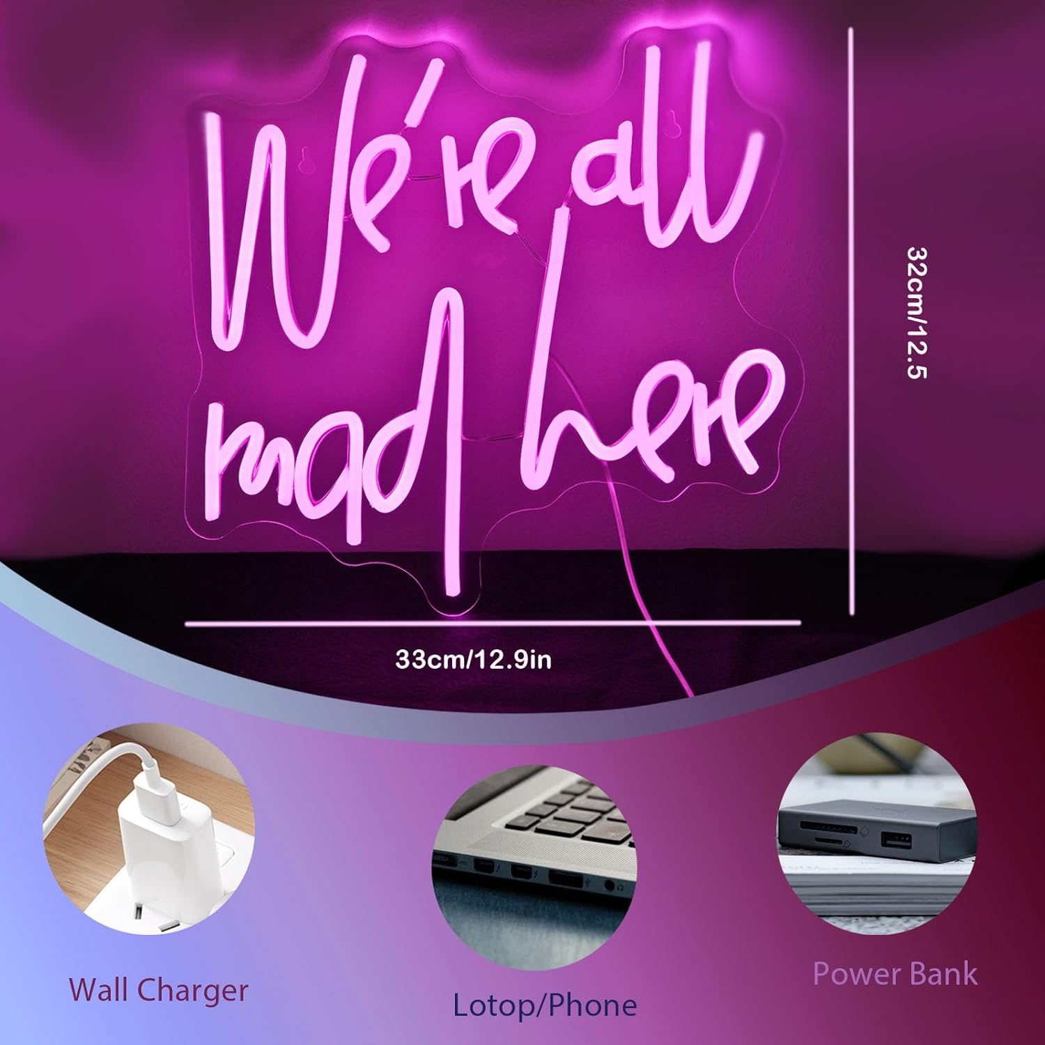 SIGNSHIP Insegna al neon We're all Mad Here Insegne al neon dimmerabili per parete LED Lettera rosa Luci al neon Insegna per casa Bar Man Cave Beer Cafe Bistro Club Party Decor Girl Gift - immagine 3