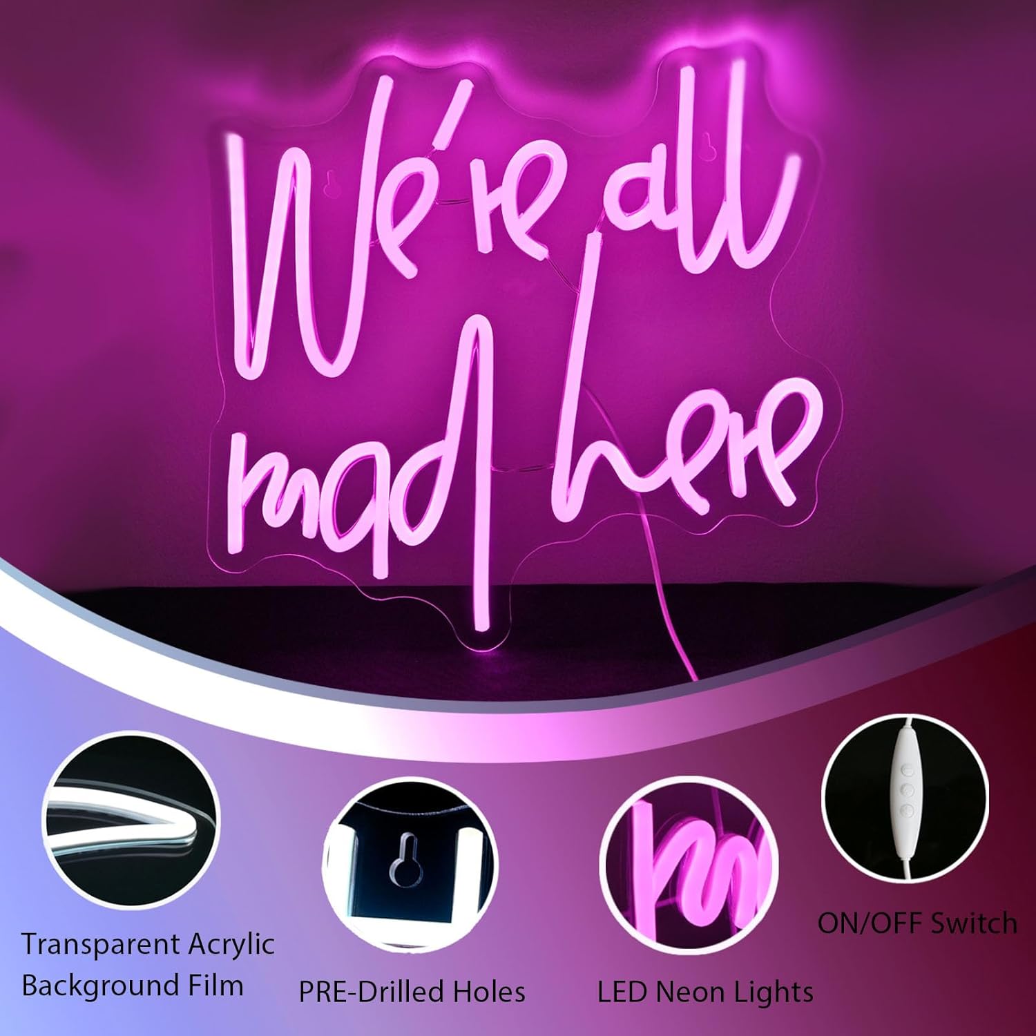 SIGNSHIP Insegna al neon We're all Mad Here Insegne al neon dimmerabili per parete LED Lettera rosa Luci al neon Insegna per casa Bar Man Cave Beer Cafe Bistro Club Party Decor Girl Gift - immagine 4