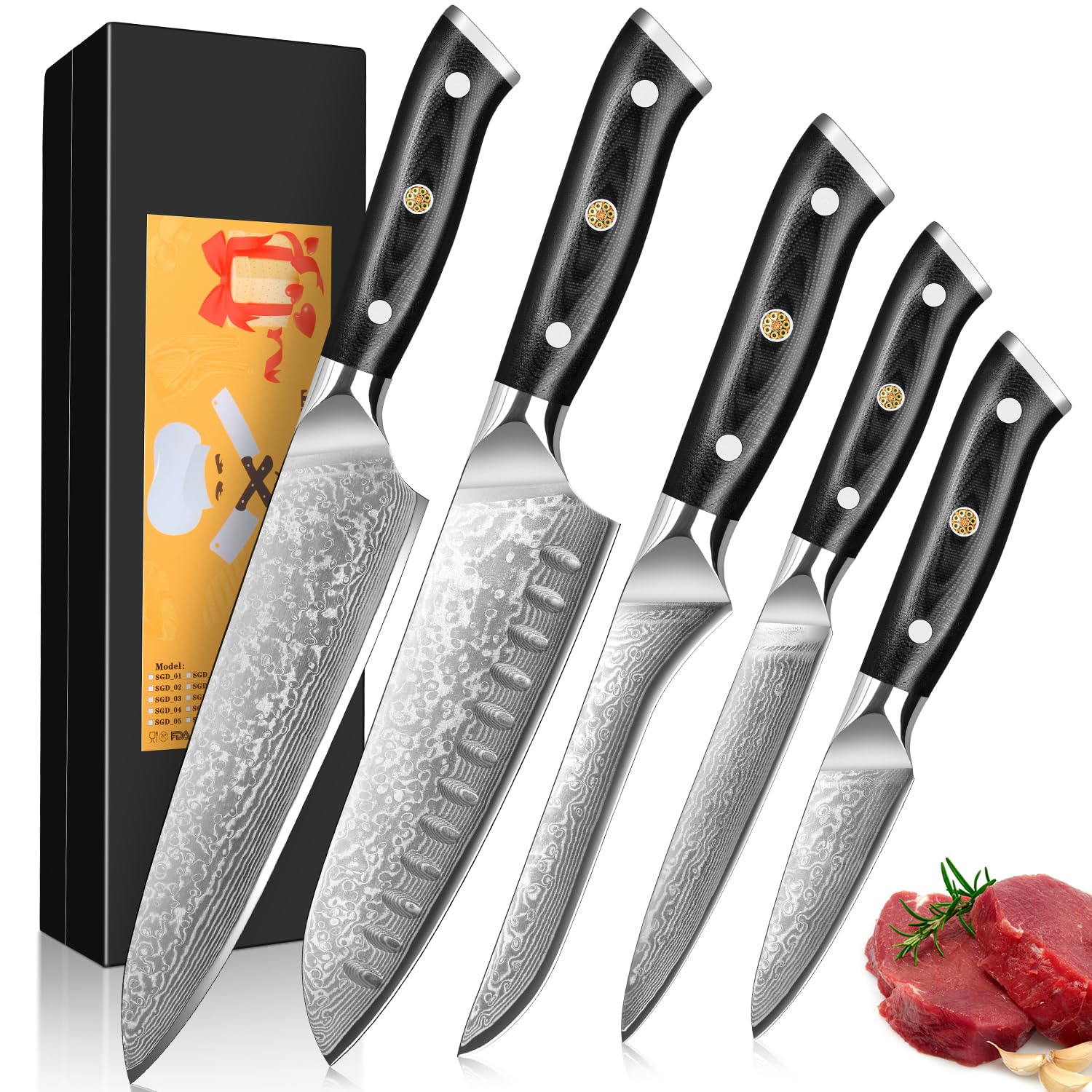 Set Coltelli da Cucina Damasco - 5 Pezzi con Manico G10