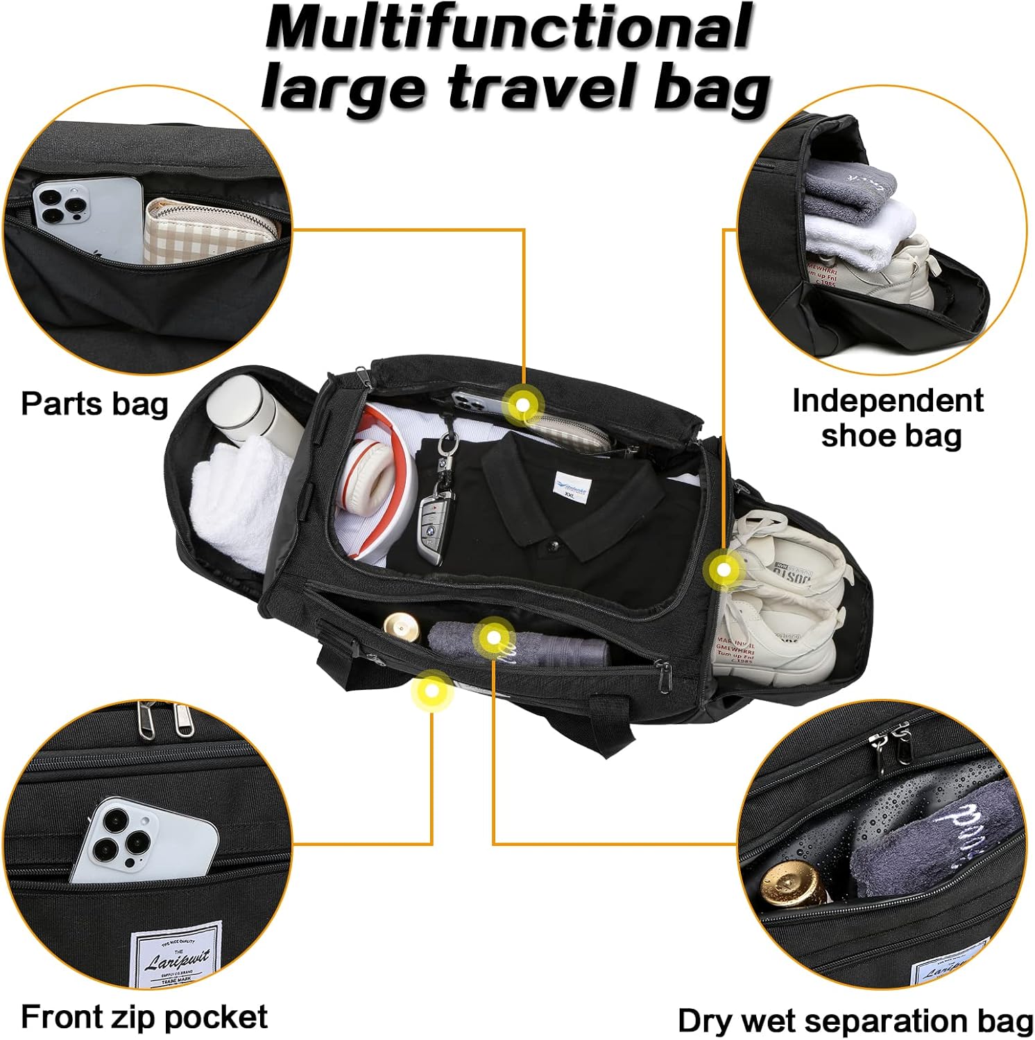 Laripwit Borsone da Viaggio Uomo 40L, Nero - immagine 4