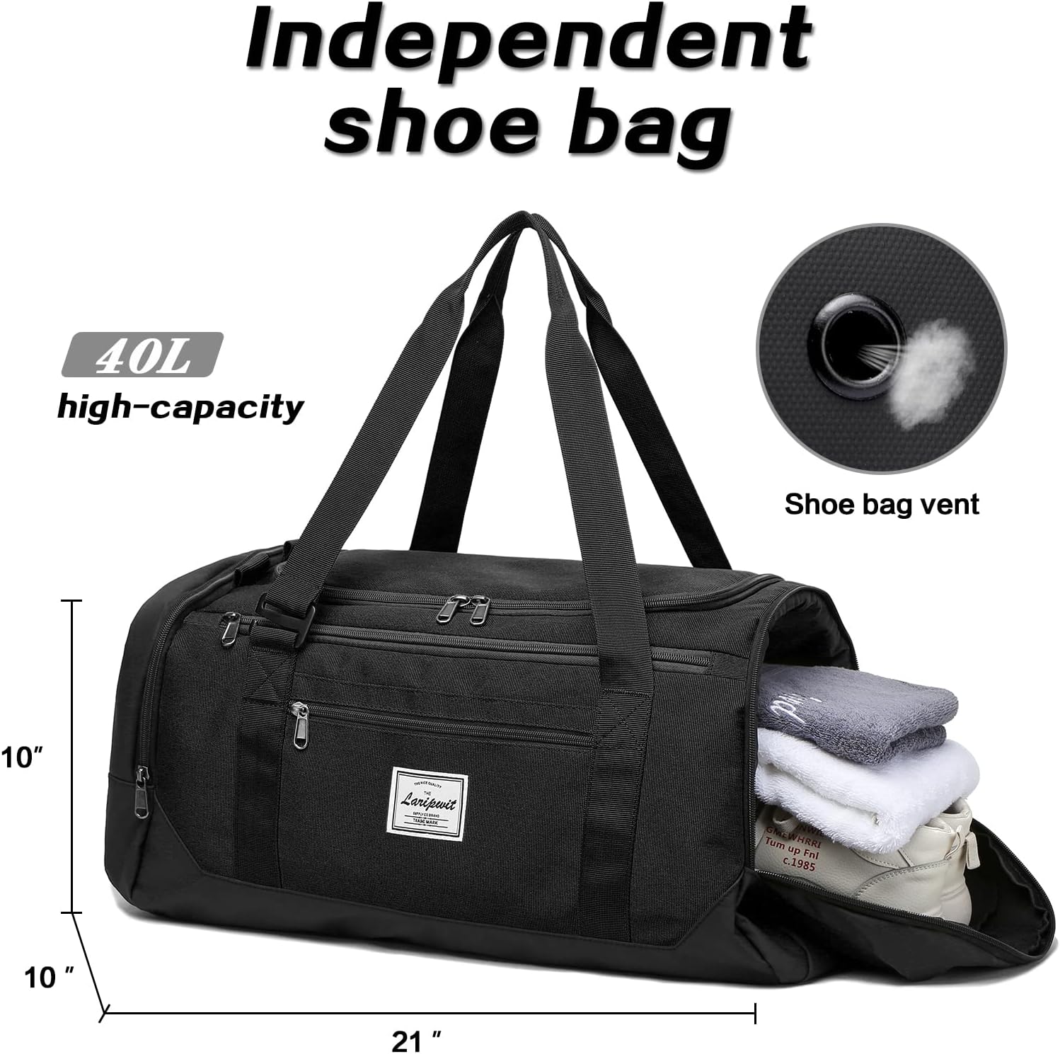 Laripwit Borsone da Viaggio Uomo 40L, Nero - immagine 5