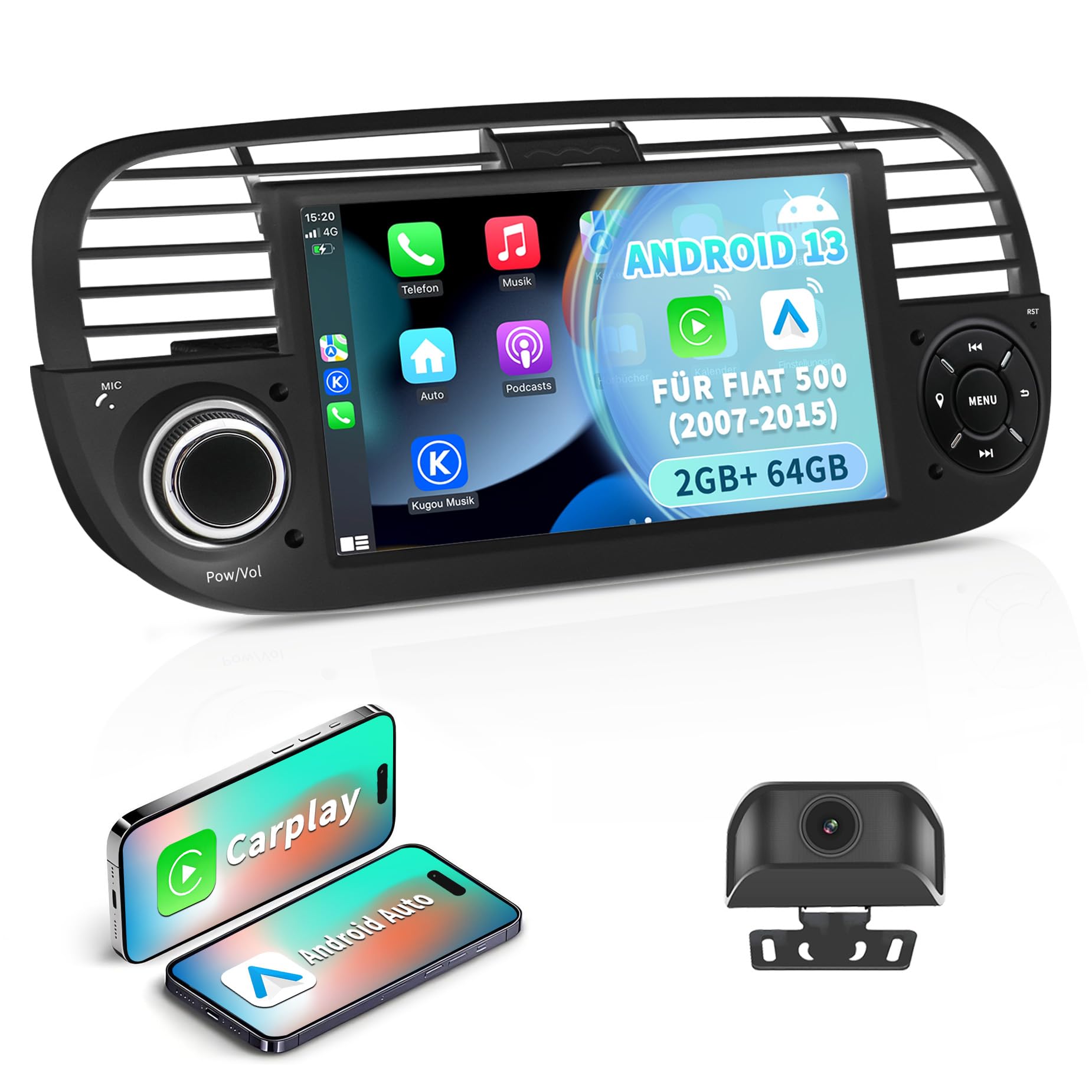 Autoradio Android 13 per FIAT 500 (2007-2015) 7" IPS
