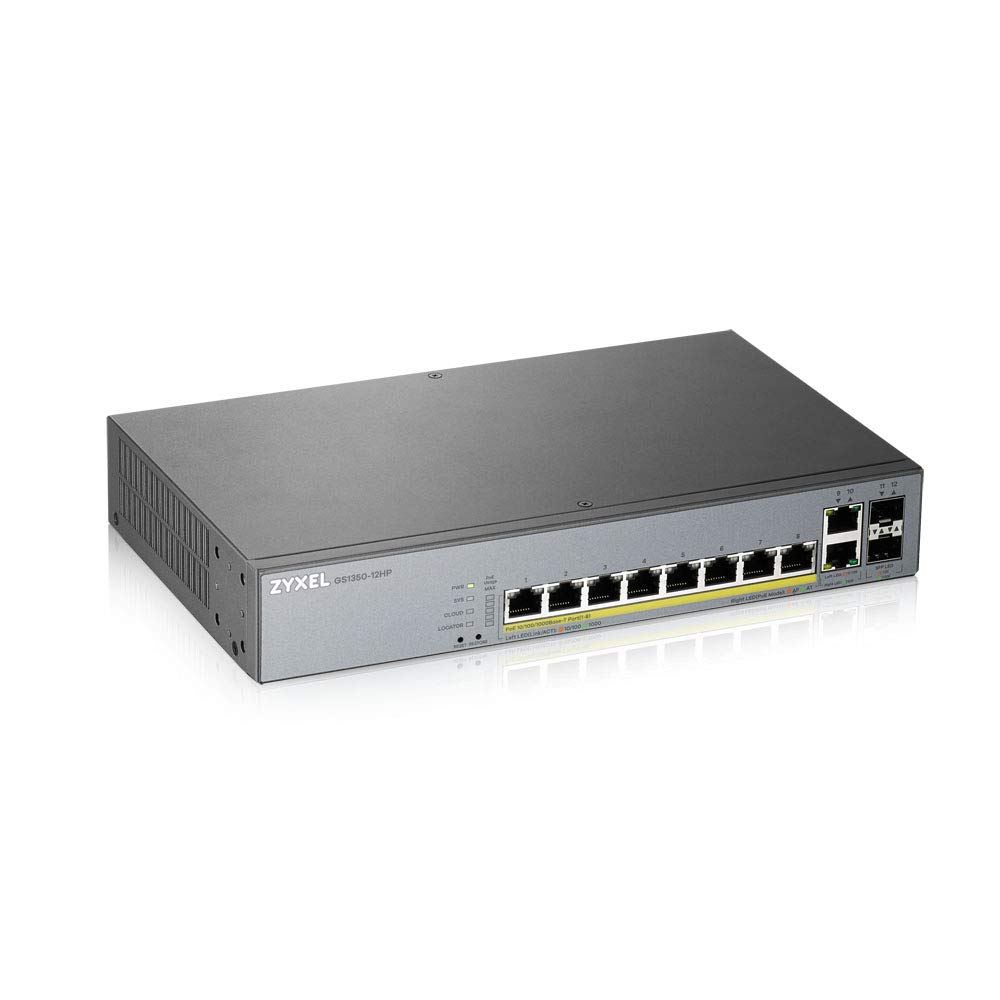 Zyxel Nebula Smart Switch 8-porte Gigabit gestito PoE+ con budget da 130 watt e 2 porte in rame Gigabit + 2 porte SFP con gestione su cloud Nebula, Long Range PoE Switch [GS1350-12HP]