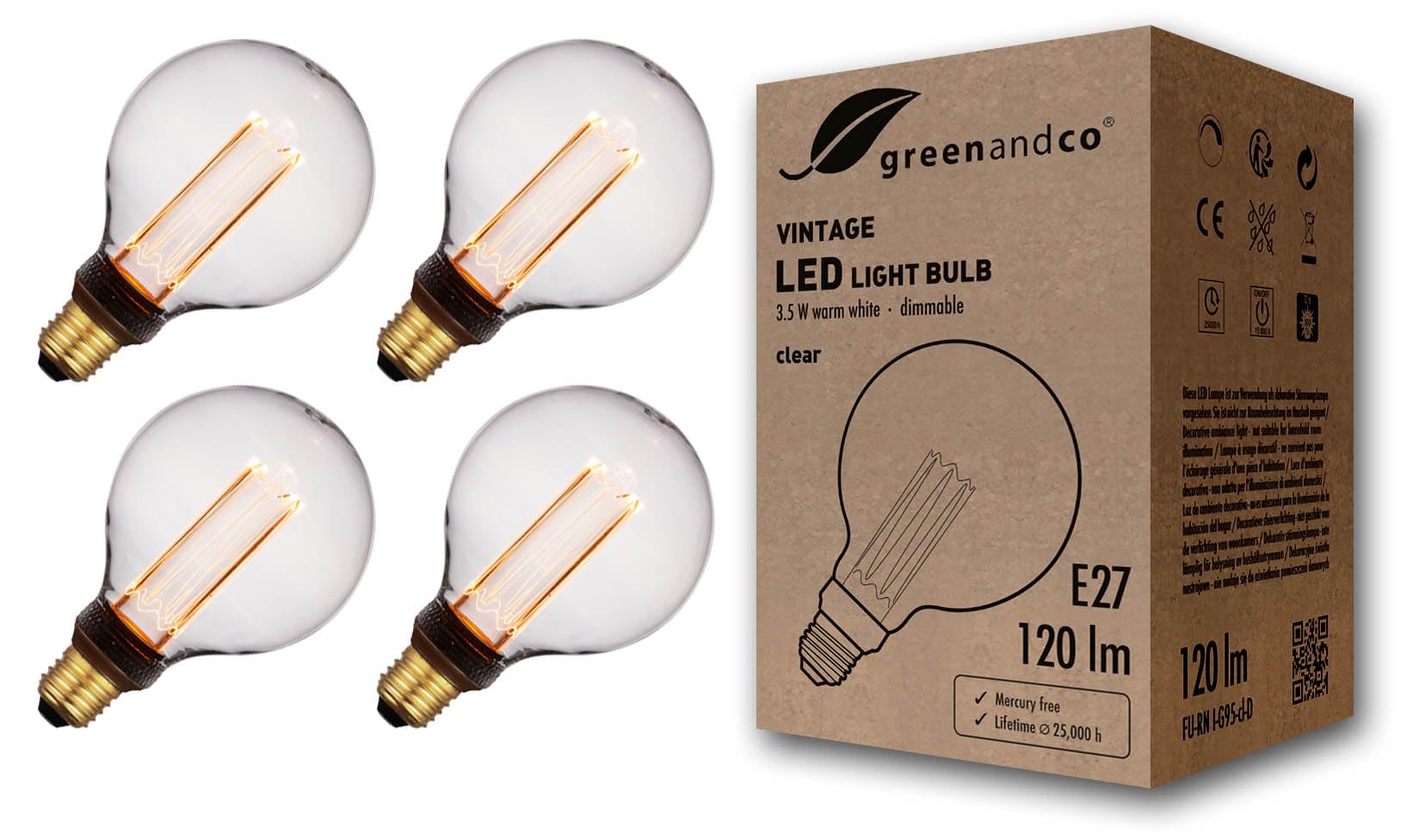 Greenandco 4x Lampadina LED Vintage E27 G95 3,5W