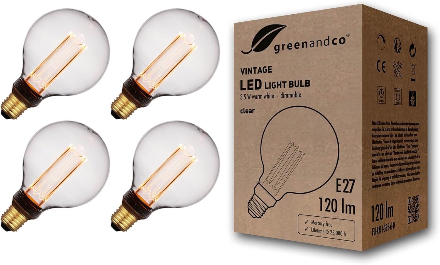 Greenandco 4x Lampadina LED Vintage E27 G95 3,5W - immagine 1