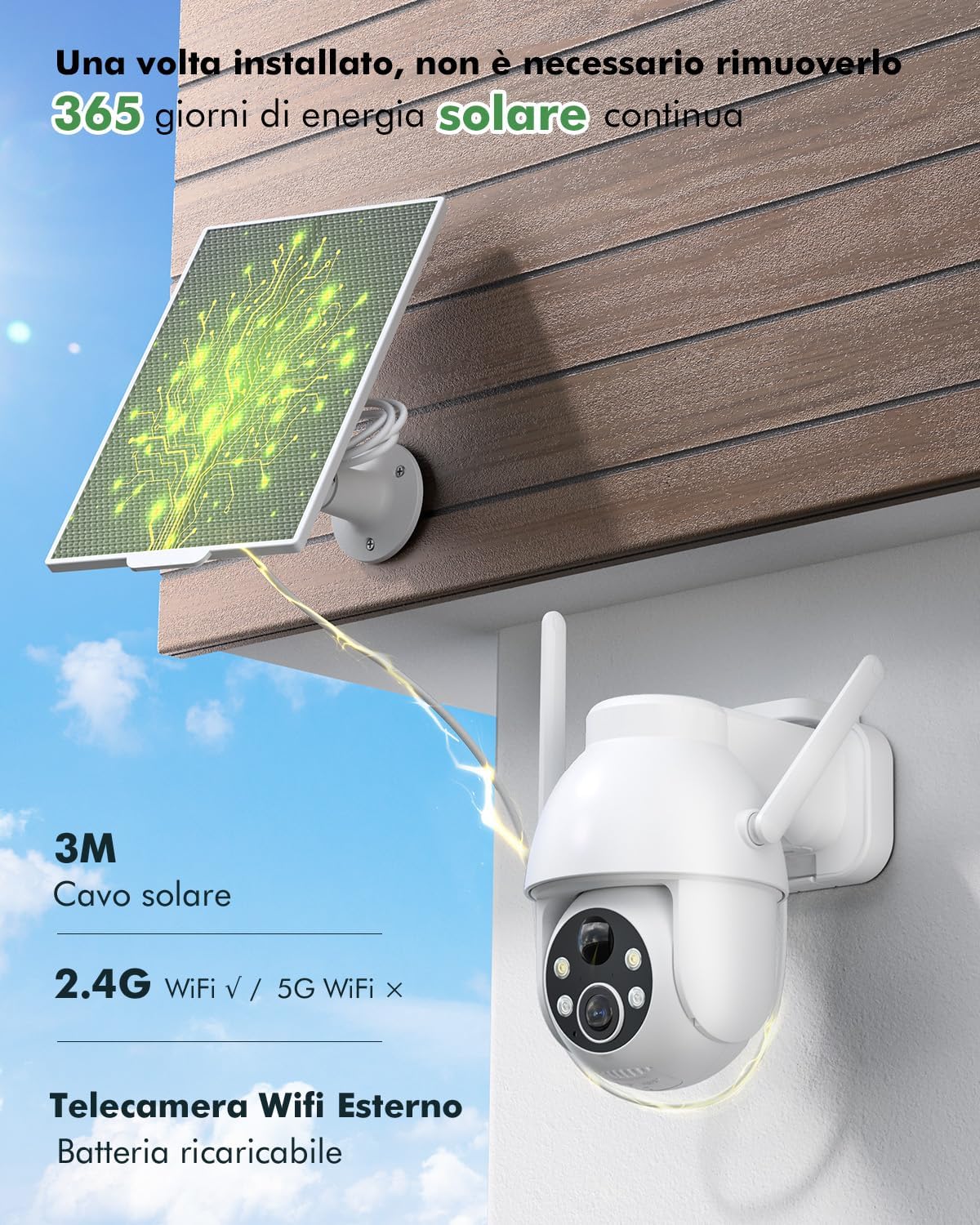 Telecamera Wifi Esterno Solare 2K PTZ 360° - immagine 2