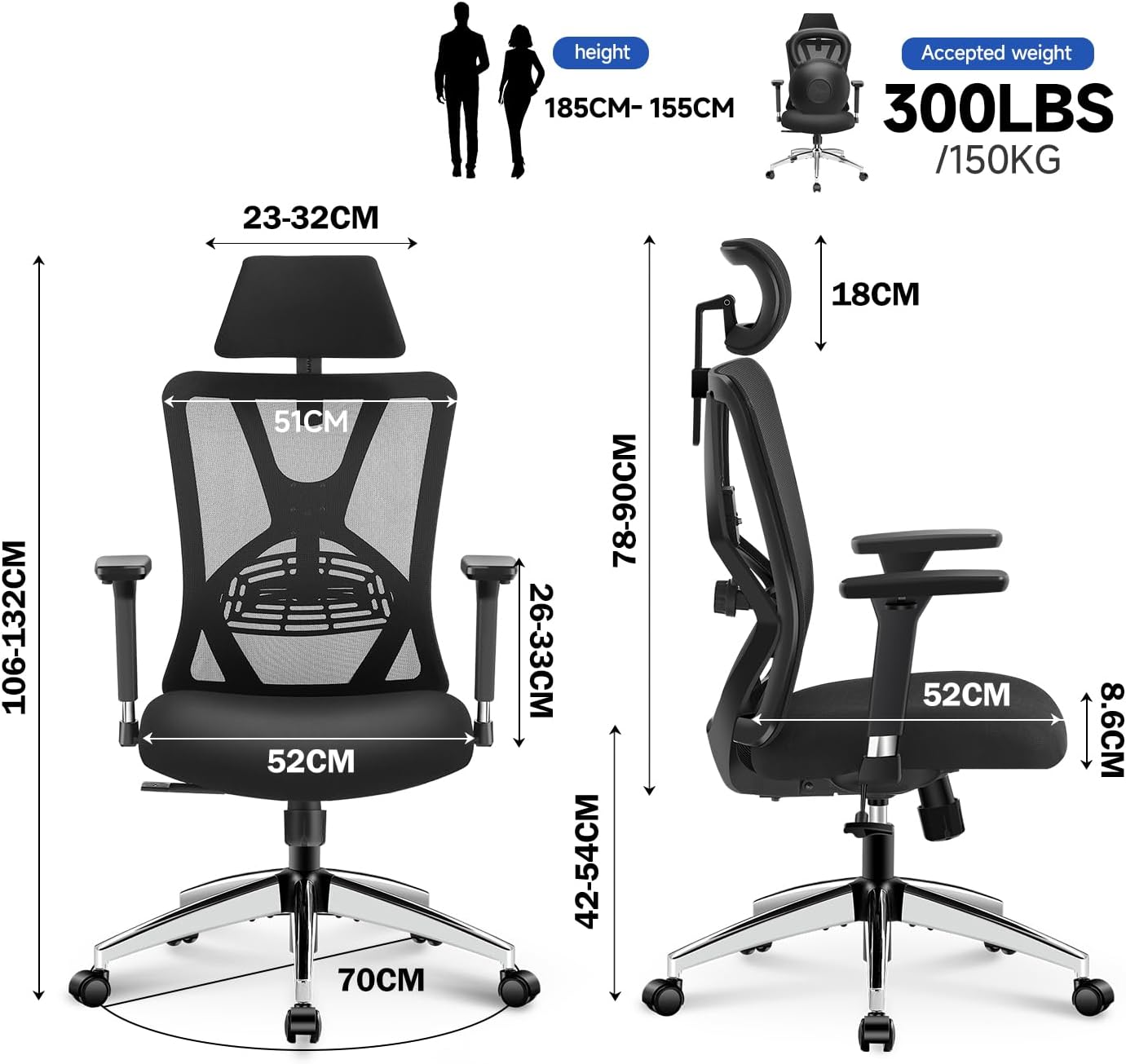 Ticova Sedia Ufficio Ergonomica con Schienale Alto - immagine 3