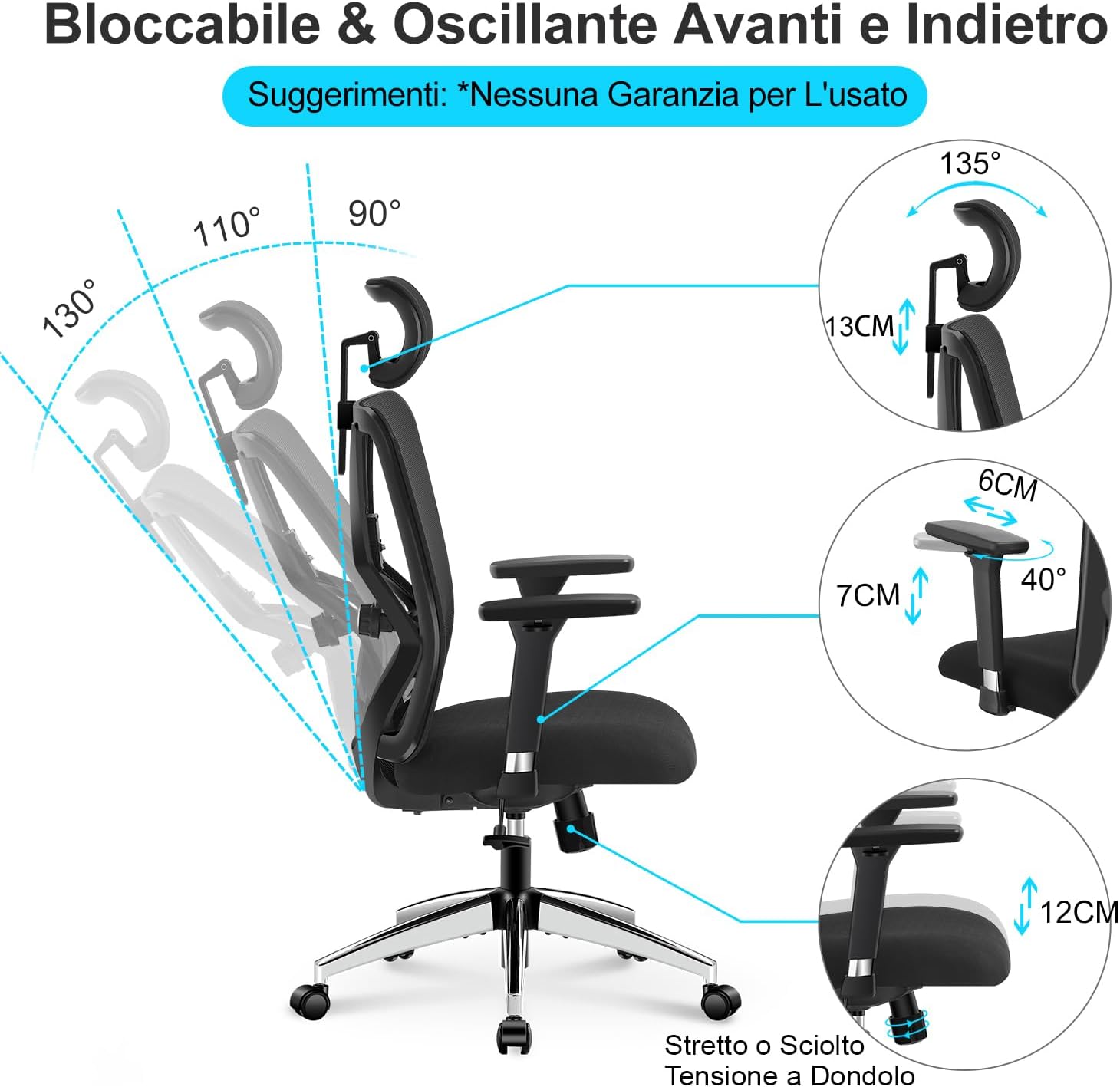 Ticova Sedia Ufficio Ergonomica con Schienale Alto - immagine 4