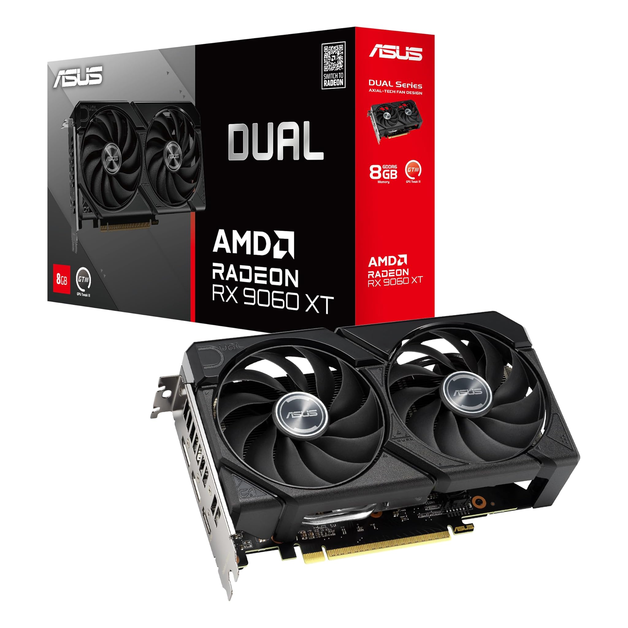ASUS Dual AMD Radeon RX 9060 XT, Scheda Grafica 8G GDDR6, 128 Bit, PCIe 5.0, 1 HDMI 2.1, 2 DisplayPort 2.1, Design a 2,5, Ventole Axial-Tech, Tecnologia 0db, GPU Tweak III, DUAL-RX9060XT-8G