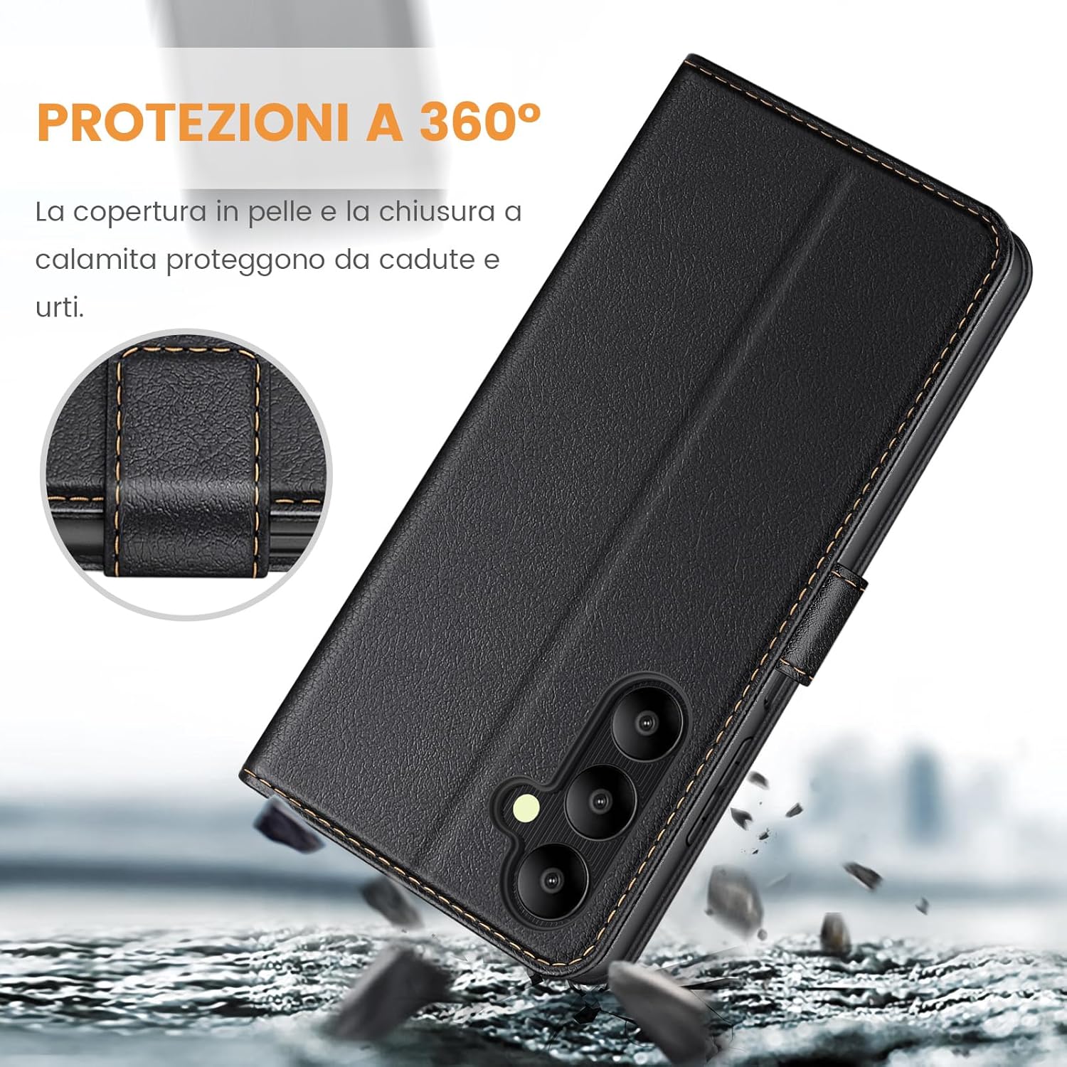 Ganbary Cover per Samsung Galaxy A05S in Pelle PU, Nero - immagine 5