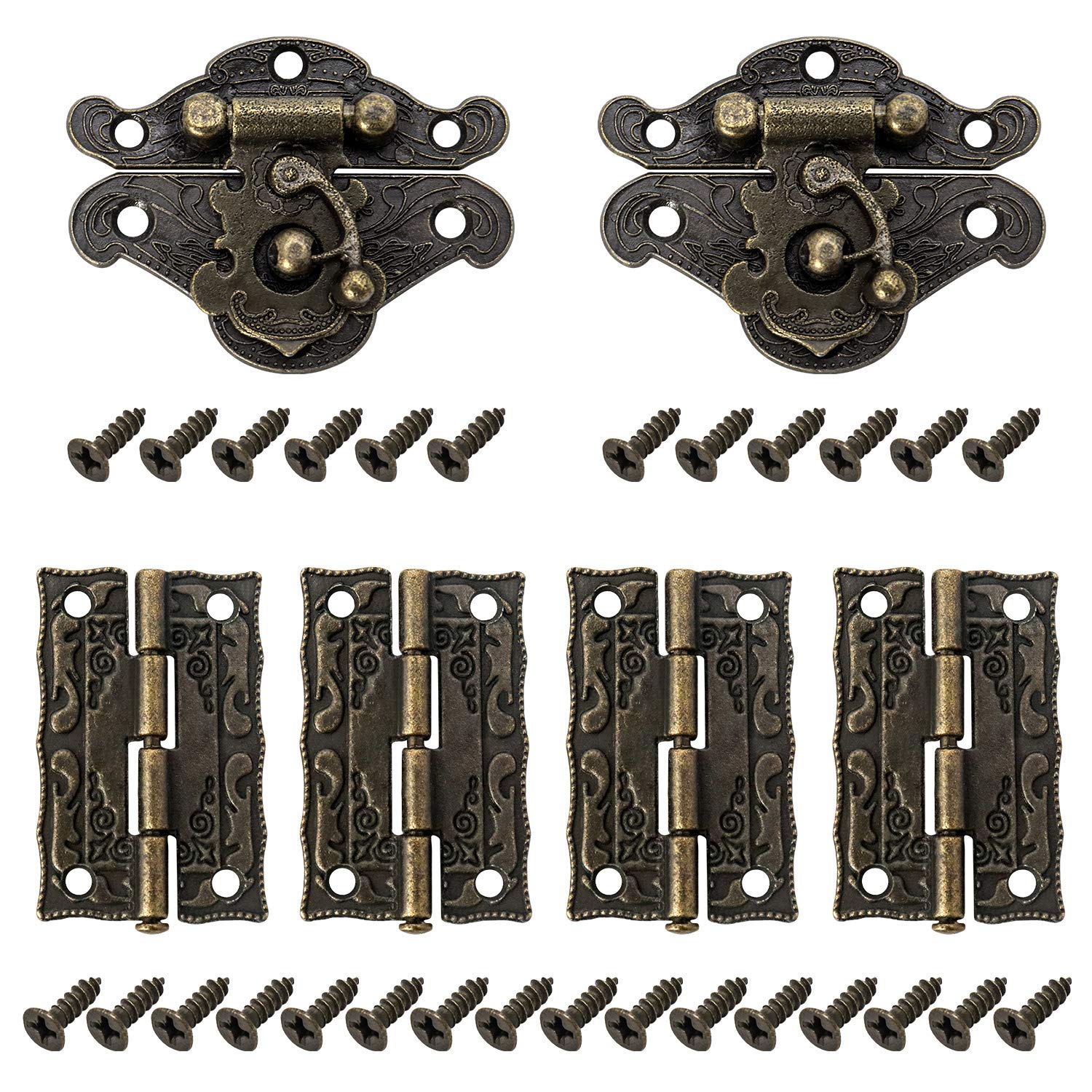 QWORK® - Set di 2 Serratura antica, antico a gancio Hasp, con 4 cerniere e 28 viti per contenitore di gioielli in legno
