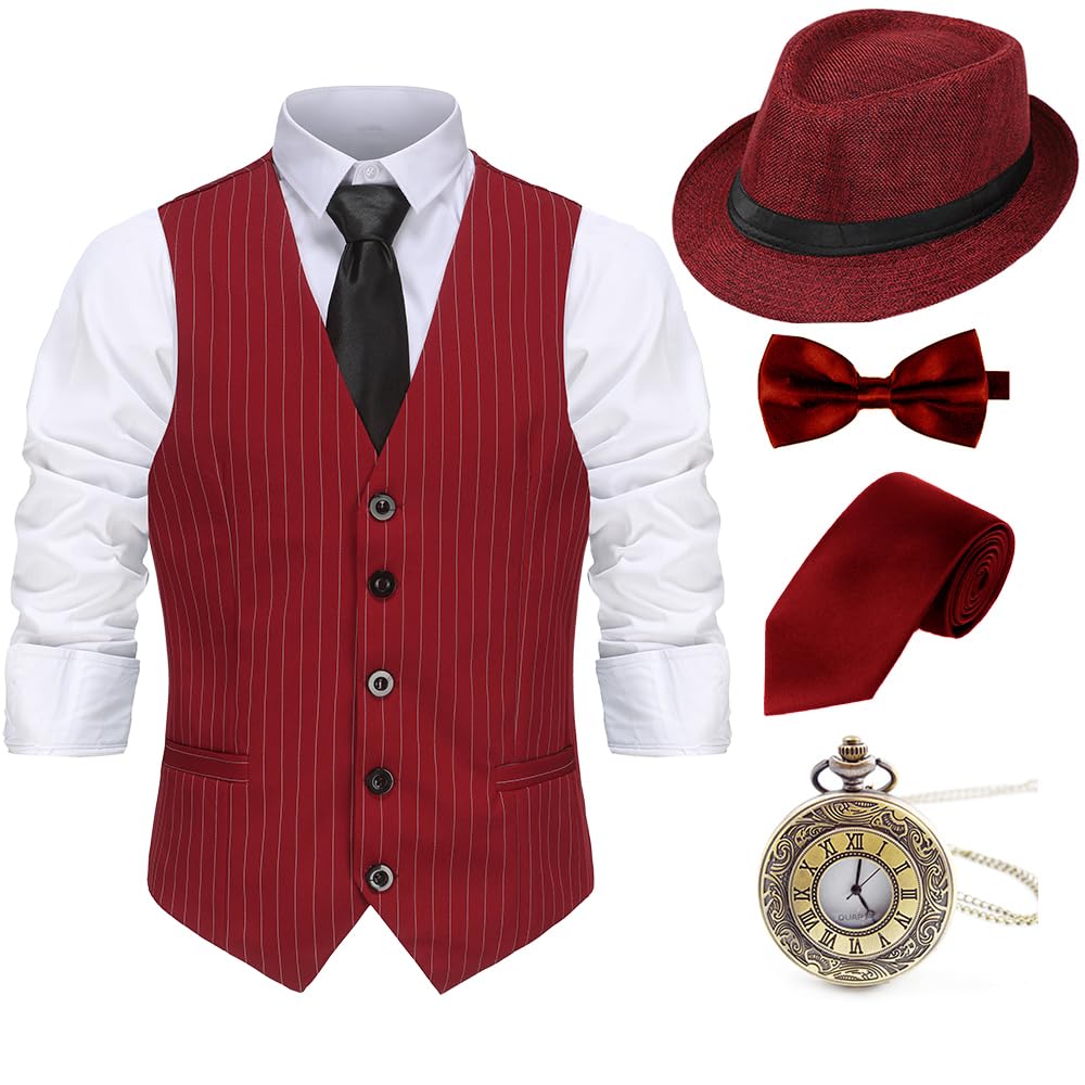 Gionforsy 1920s Mens Costume Gatsby Gangster Costume Accessori Set 20s Cappello Bretelle Papillon Vintage Orologio da Tasca