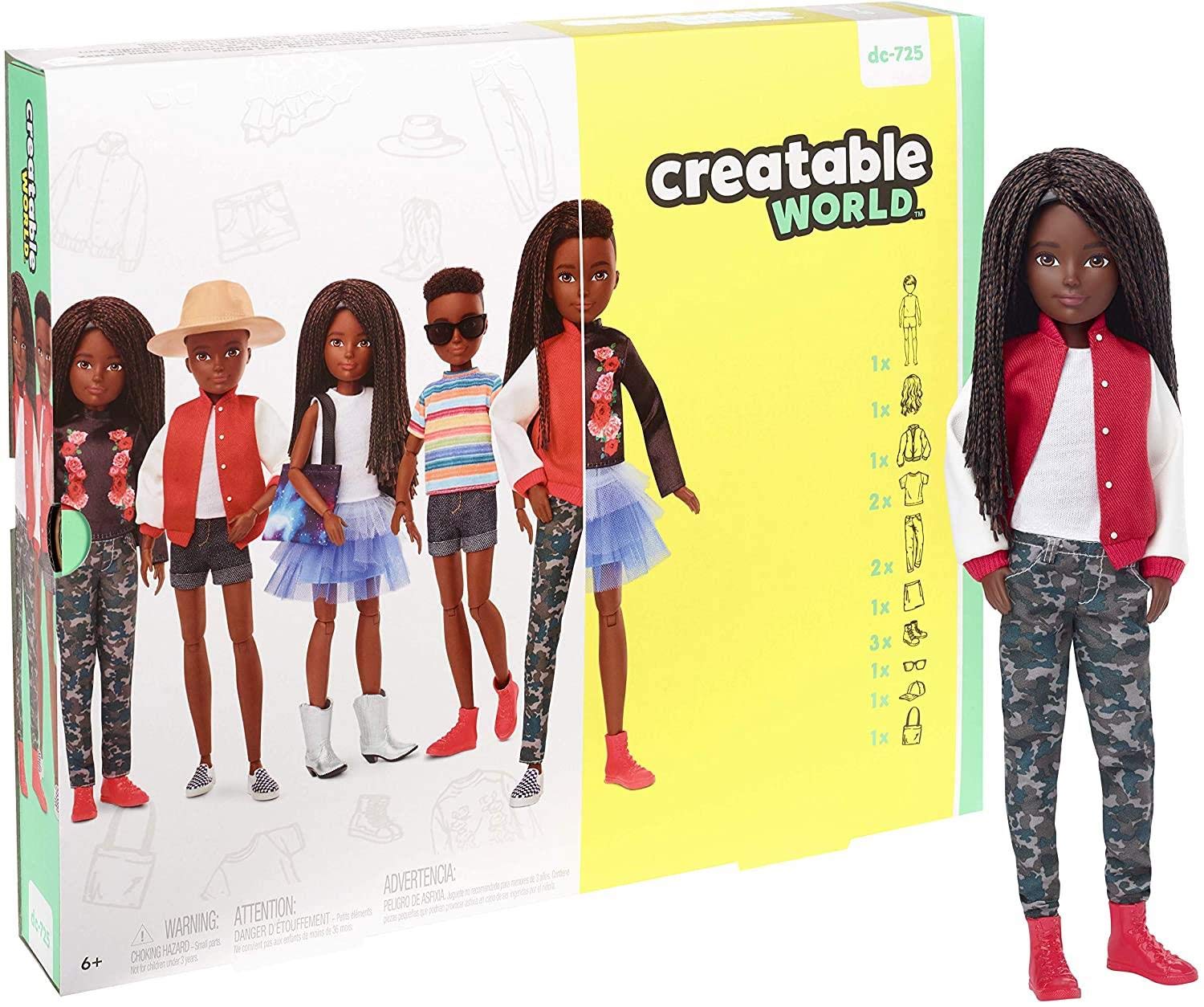 Creatable World- Kit Deluxe con Bambola Afroamericana, 6 Outfit, 3 Paia di Scarpe e Accessori, Giocattolo per Bambini 6+ Anni, GGG54
