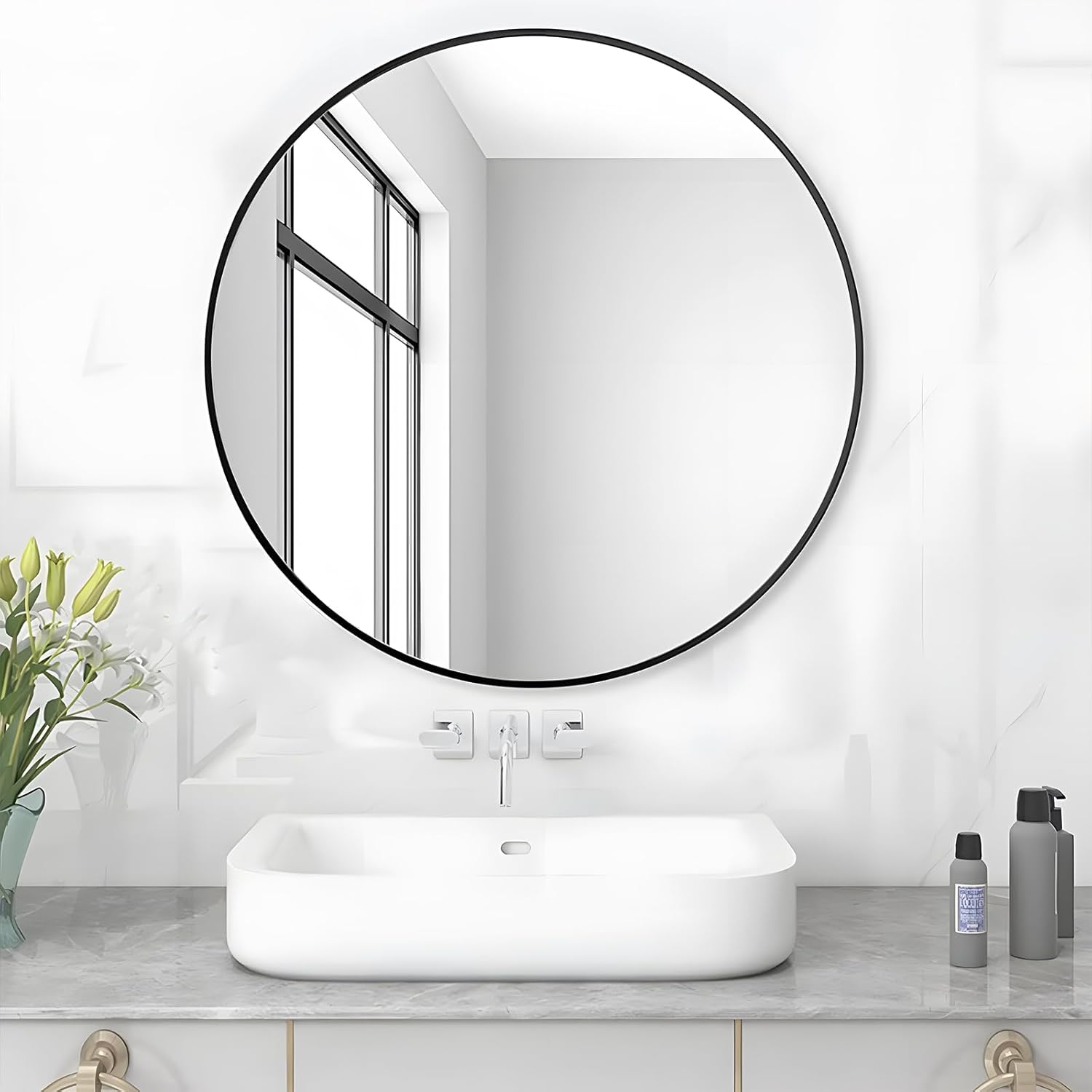Meesalisa Lisa Specchio da Bagno Rotondo 70cm, Nero Opaco