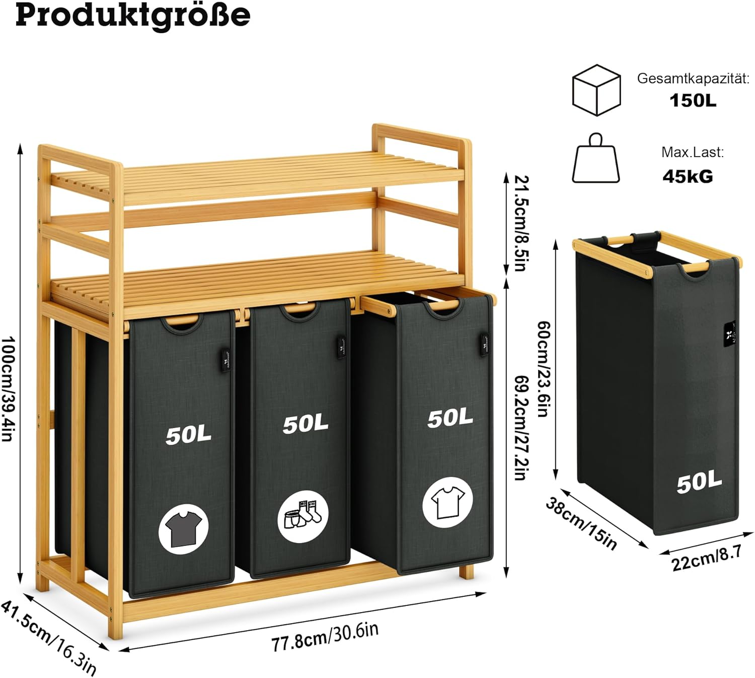 AdelDream Cesto Portabiancheria 150L 3 Scomparti - immagine 3
