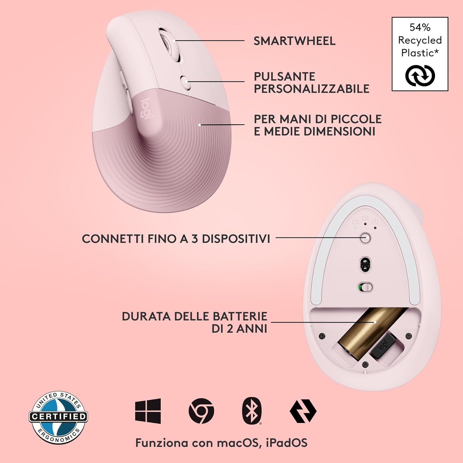 Logitech Lift Mouse Ergonomico Verticale, Rosa - immagine 7