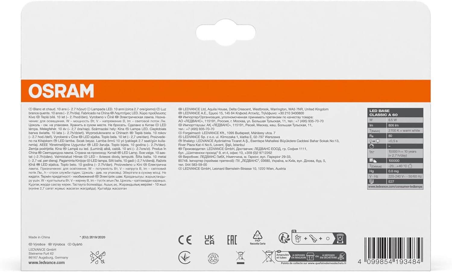 Osram LED BASE A60 - 40 Lampadine E27 6.5W - immagine 5
