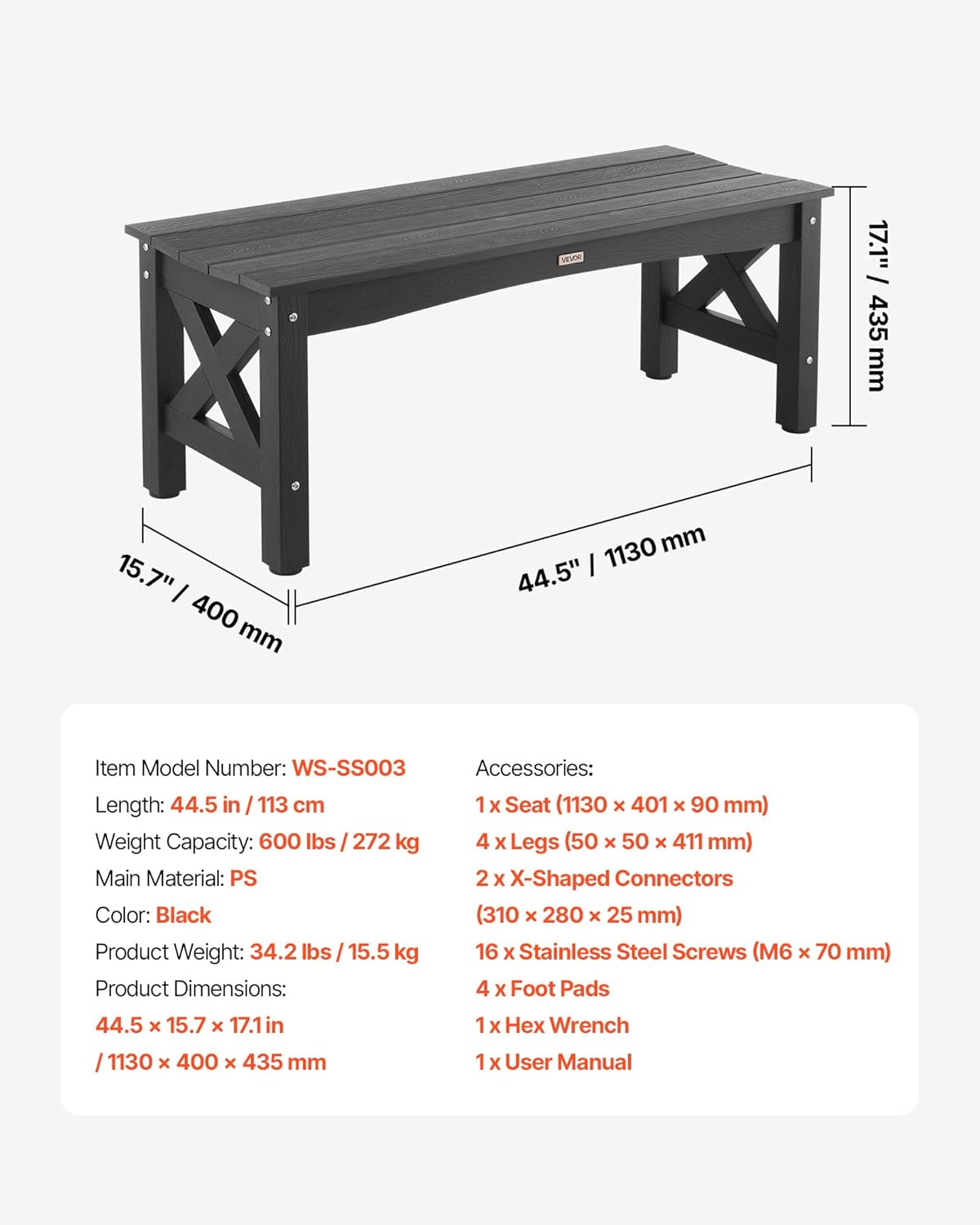 VEVOR Panca da Giardino 113cm in Plastica, Nera - immagine 8