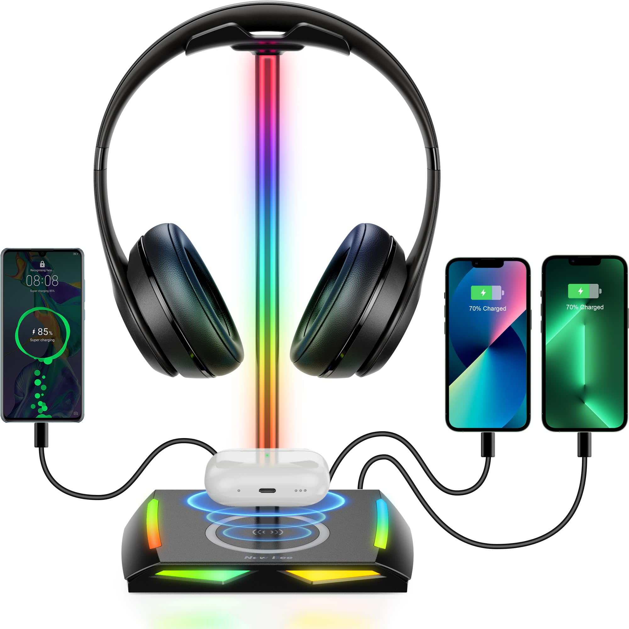 New Bee Supporto Cuffie con Caricabatterie Wireless RGB