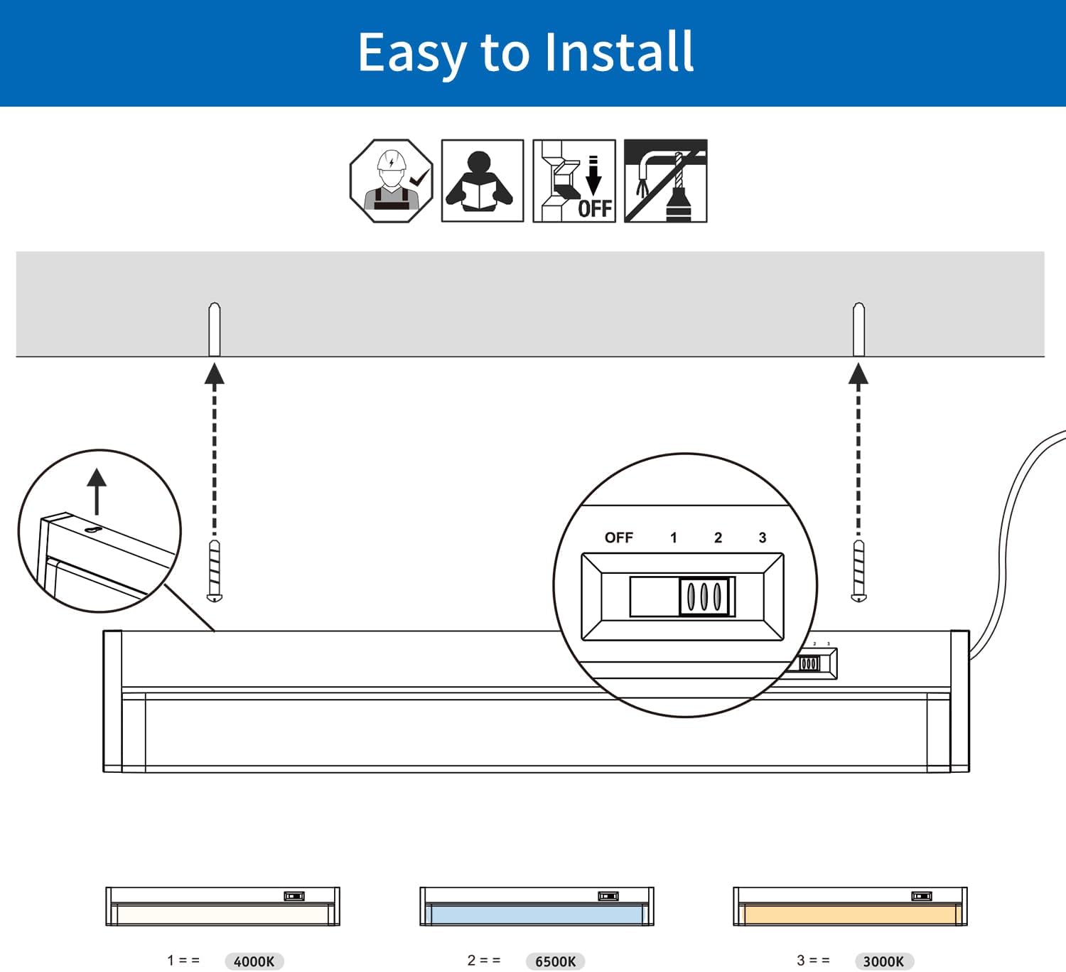 ANWIO Barra LED Sottopensile Cucina 8W,Luce LED Sottopensile Cucina,Strisce LED Sottopensile,Lampada LED Sottopensile,Luce Notturna,Temperatura Colore Regolabile 3000K/4000K/6500K,610LM,Lunga 55.6CM - immagine 4