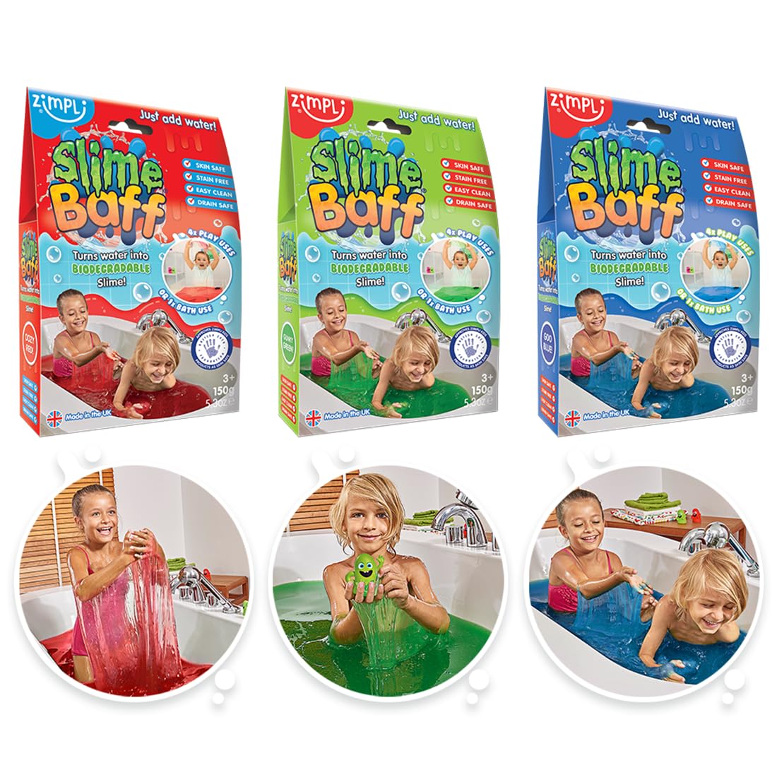 ZIMPLI - Confezione da 3 Slime Baff, Rosso, Verde e Blu, trasforma l’acqua in slime appiccicoso, giocattoli di compleanno per bambini e bambine, super divertente nelle piscine gonfiabili