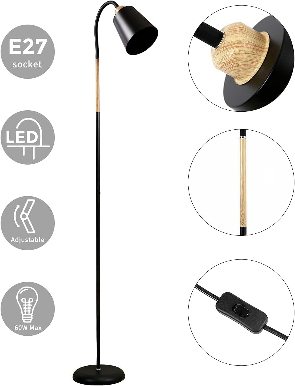 ANTENLICHT VILI - Lampada da Terra Orientabile E27, Nera - immagine 3