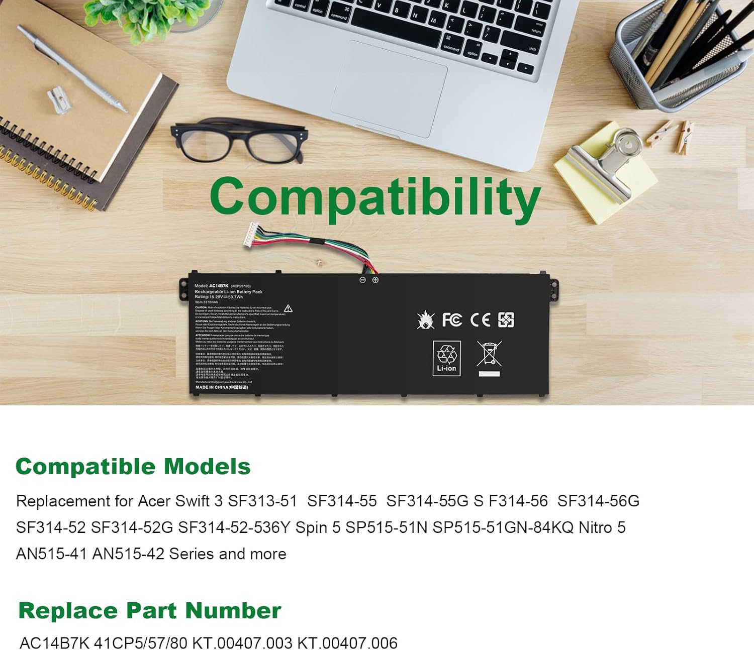 Asuncell Batteria per PC portatile Acer 15.28V/50.7Wh - immagine 2