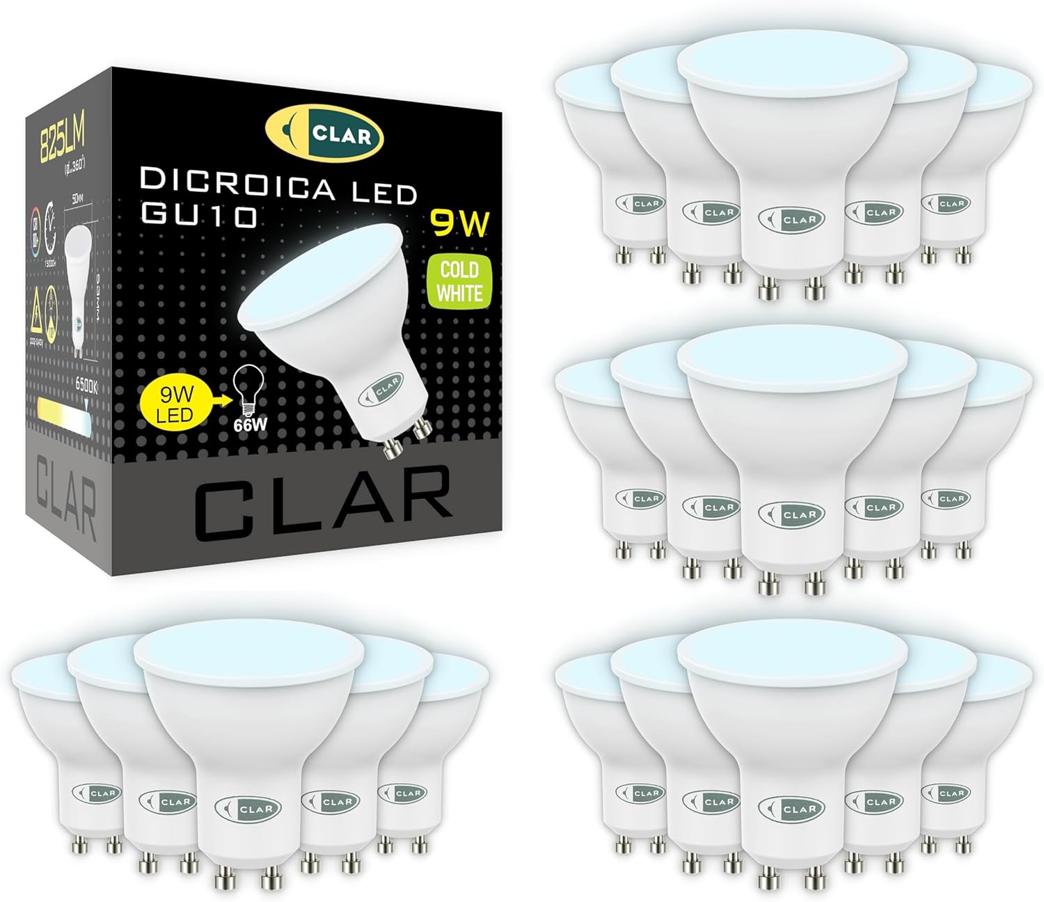 CLAR - Lampadina LED GU10 9W, Luce Fredda (Pack 20) - immagine 1