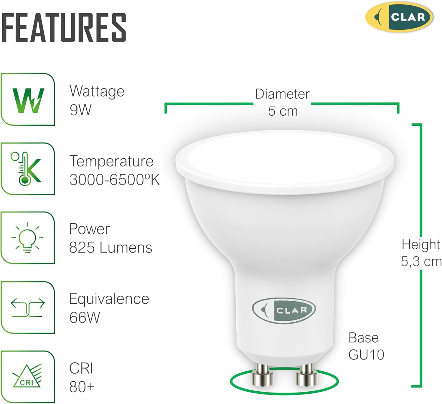 CLAR - Lampadina LED GU10 9W, Luce Fredda (Pack 20) - immagine 2