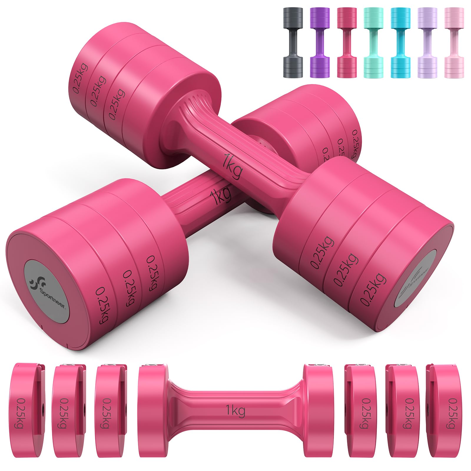 Sportneer Set Manubri Regolabili Donna 1-2,5 kg, Rosa