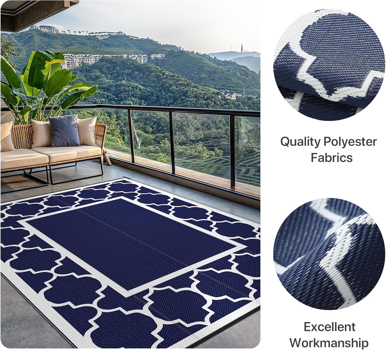 Genimo Tappeto da Esterno Reversibile 275x365cm, Blu & Bianco - immagine 3