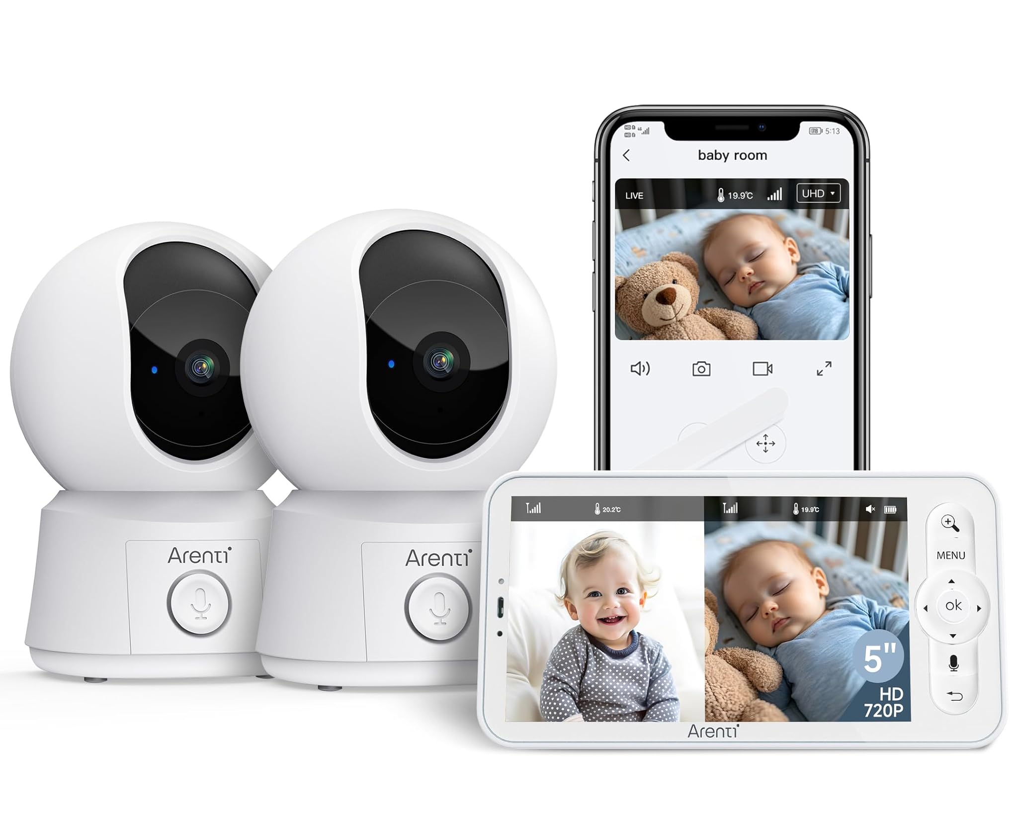ARENTI 1080P PTZ Video Babyfon con display 5" e 2 fotocamere