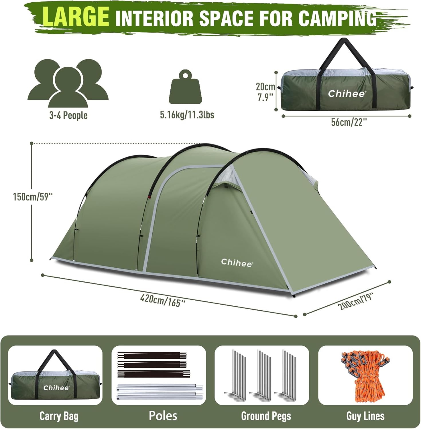 Chihee Tenda a Tunnel 4 Persone con 2 Porte - immagine 5