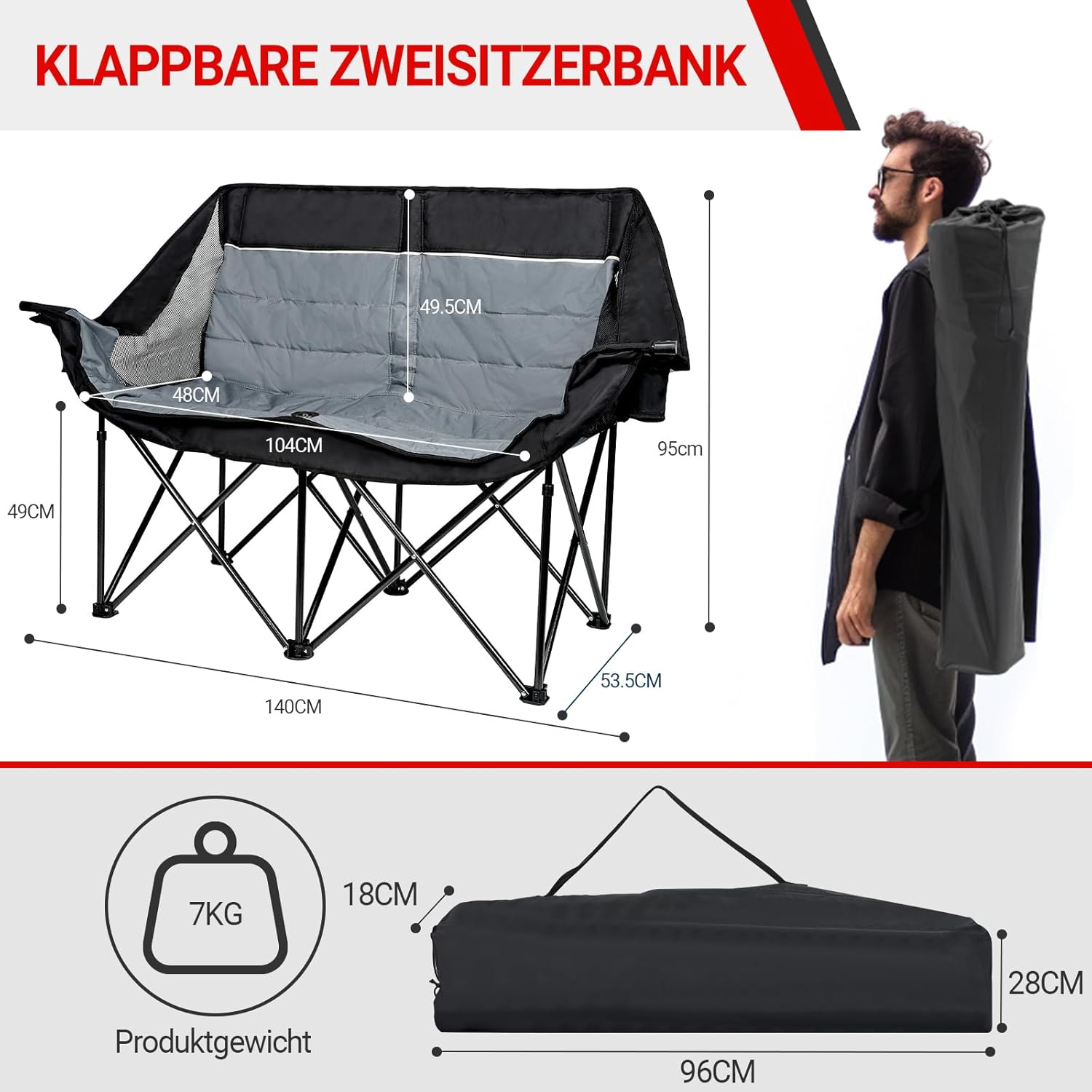 Xgear Portal Sedia da Campeggio Pieghevole 2 Persone - immagine 3