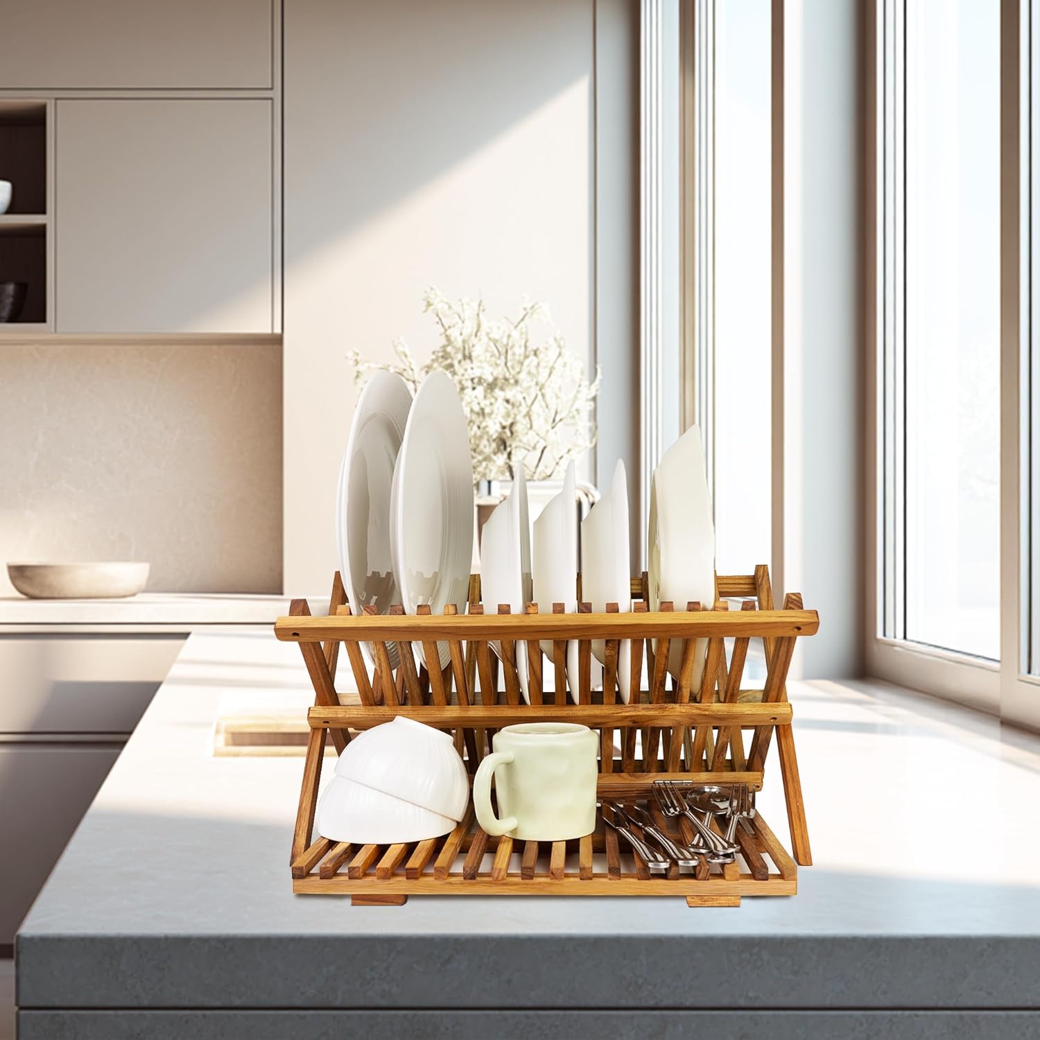 Utoplike Scolapiatti Pieghevole 3 Ripiani in Teak - immagine 5