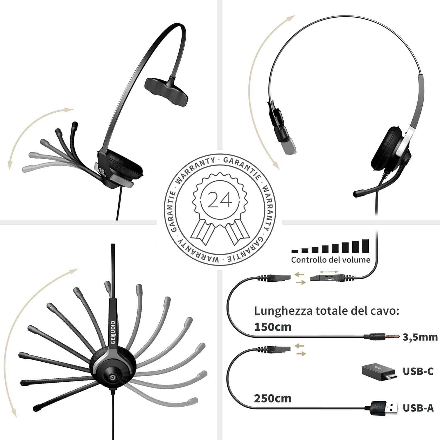 Cuffie Telefoniche USB-A, USB-C e Jack 3.5mm - immagine 3