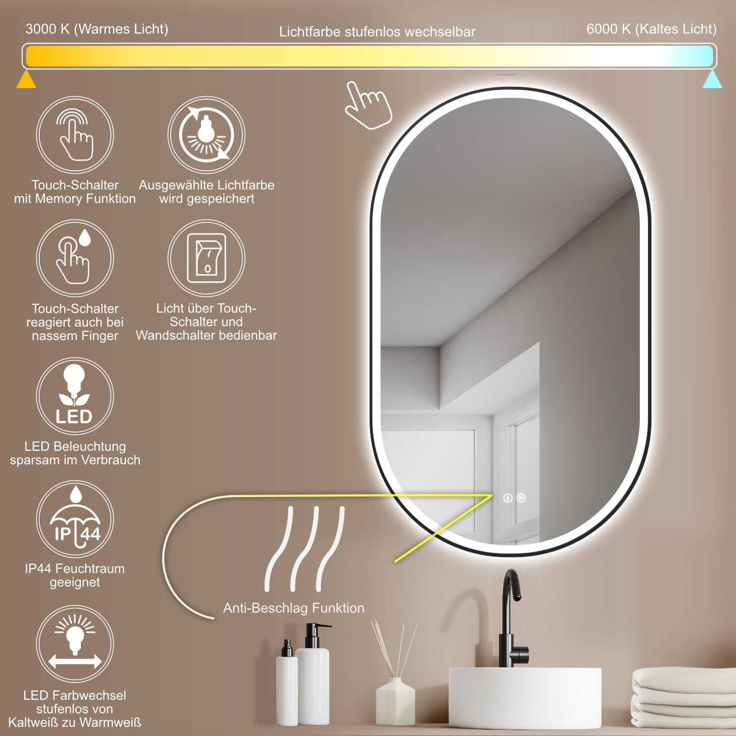 Hoko® Design Specchio LED Ovale 50x90cm con Cornice Nera - immagine 2