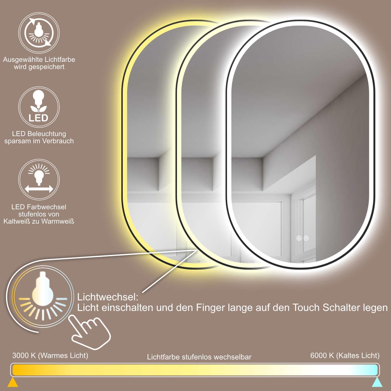 Hoko® Design Specchio LED Ovale 50x90cm con Cornice Nera - immagine 3