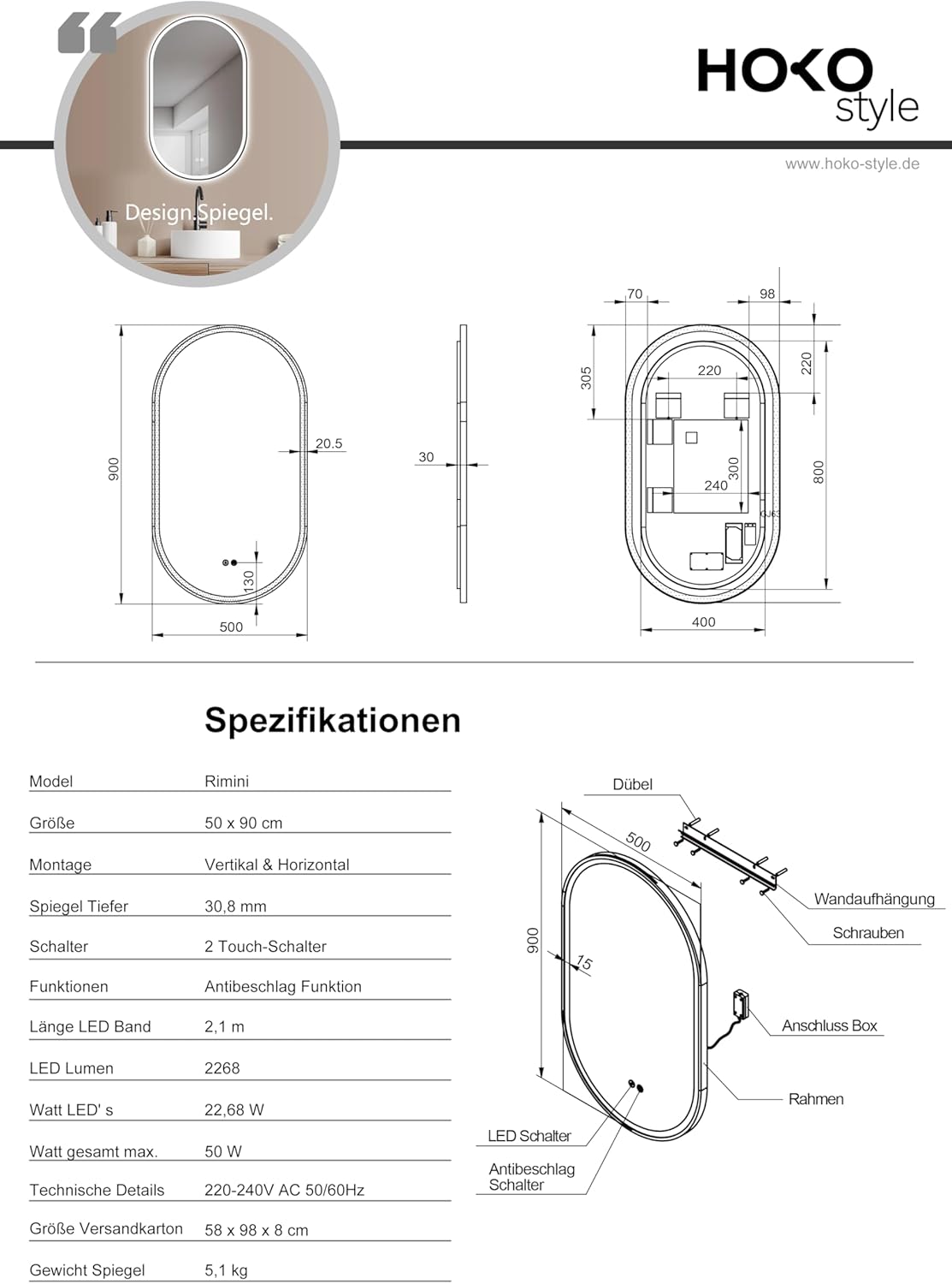 Hoko® Design Specchio LED Ovale 50x90cm con Cornice Nera - immagine 7