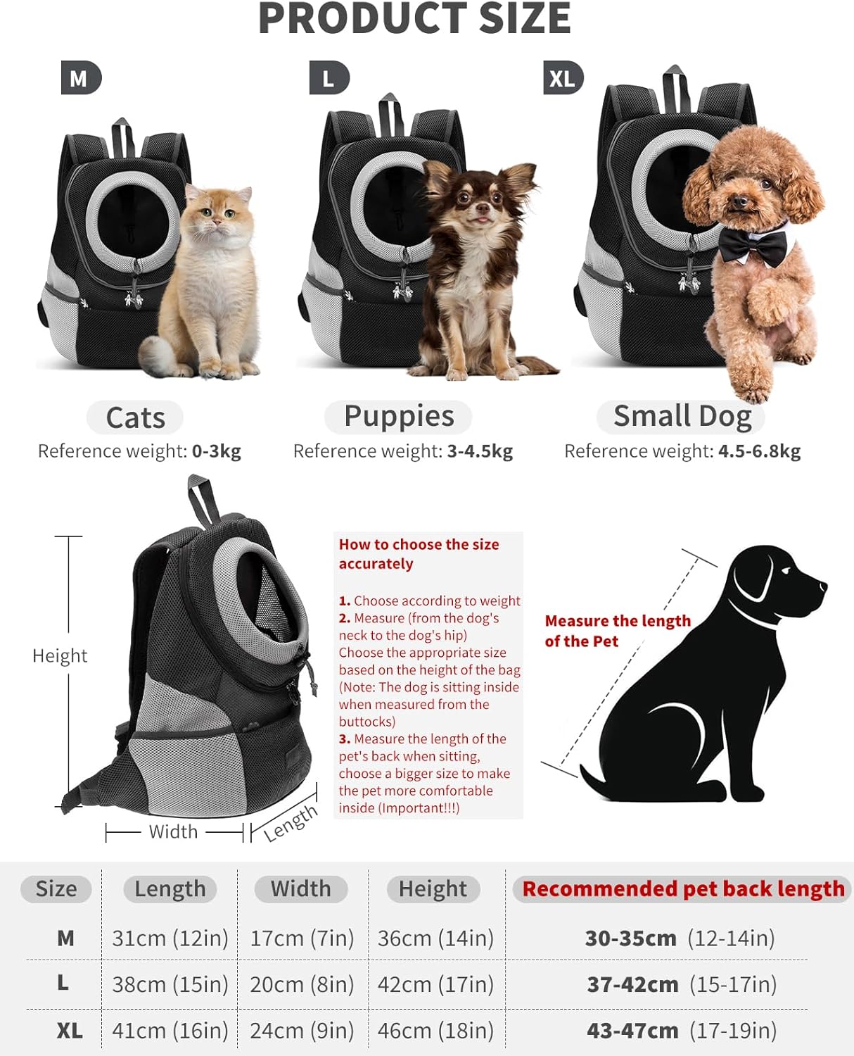 Petcute Zaino Porta Cane Marsupio per Cani e Gatti, Nero M - immagine 3