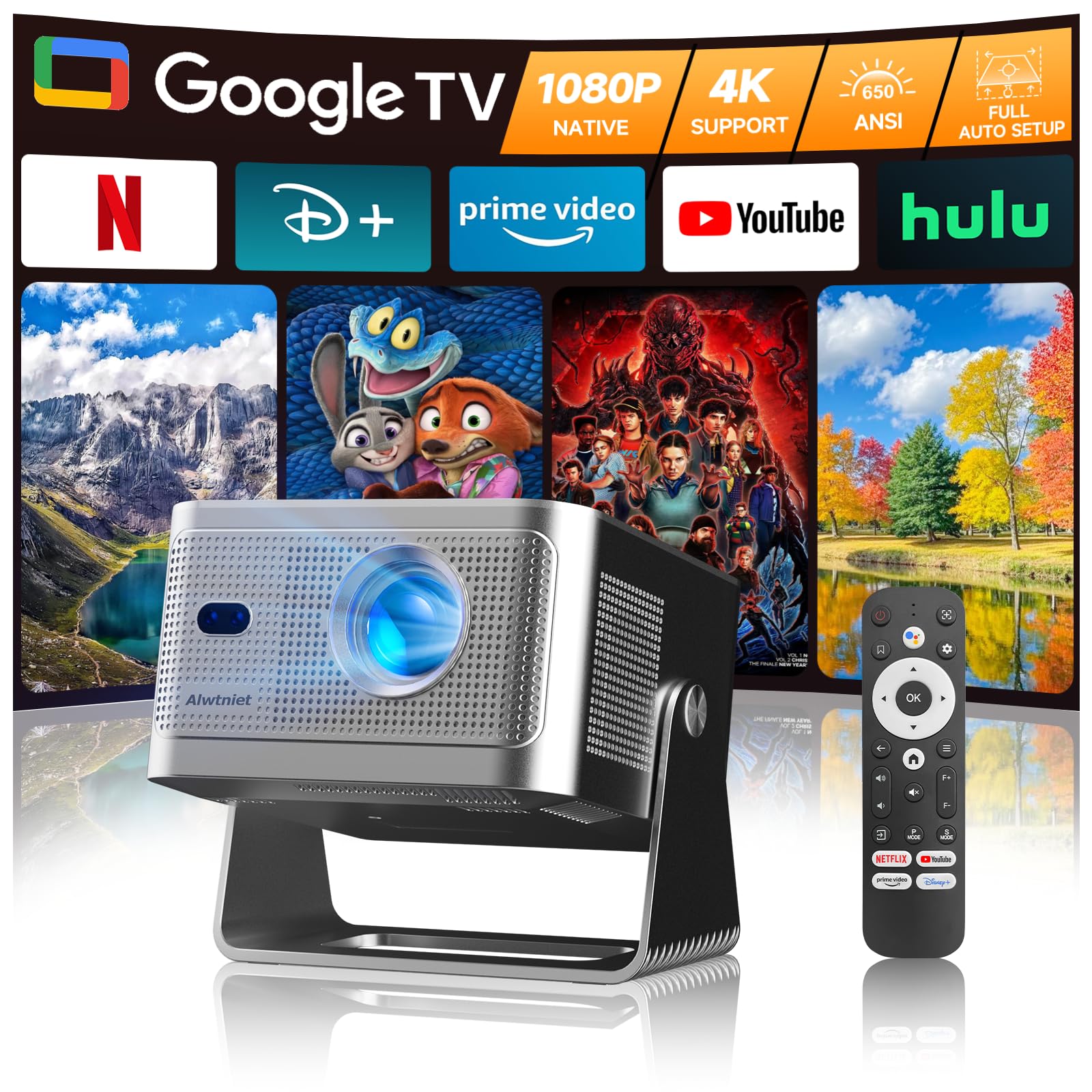 Alwtniet Mini Proiettore Portatile 4K con Google TV