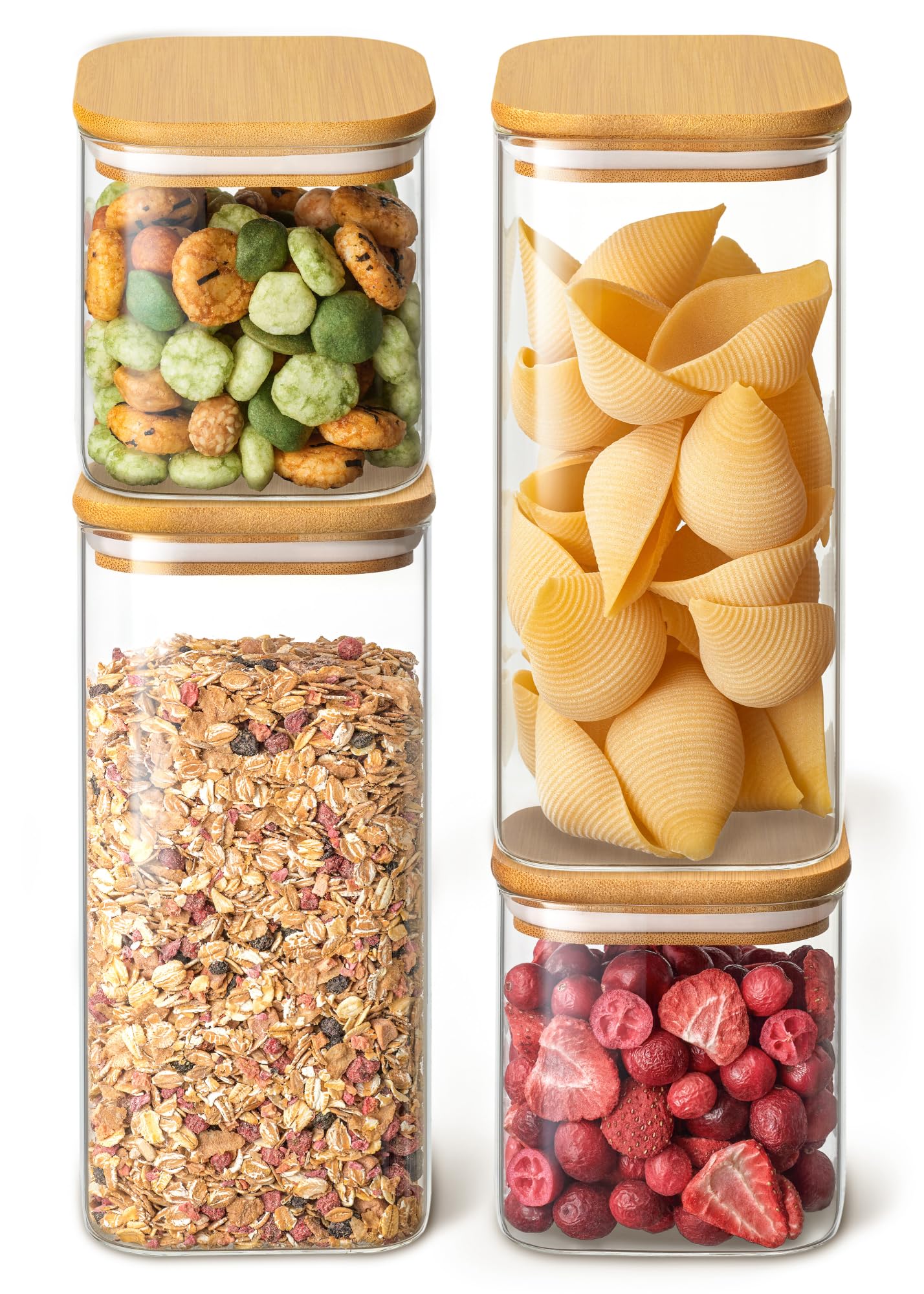 Praknu 4 Barattoli Cucina in Vetro con Coperchio in Bambù