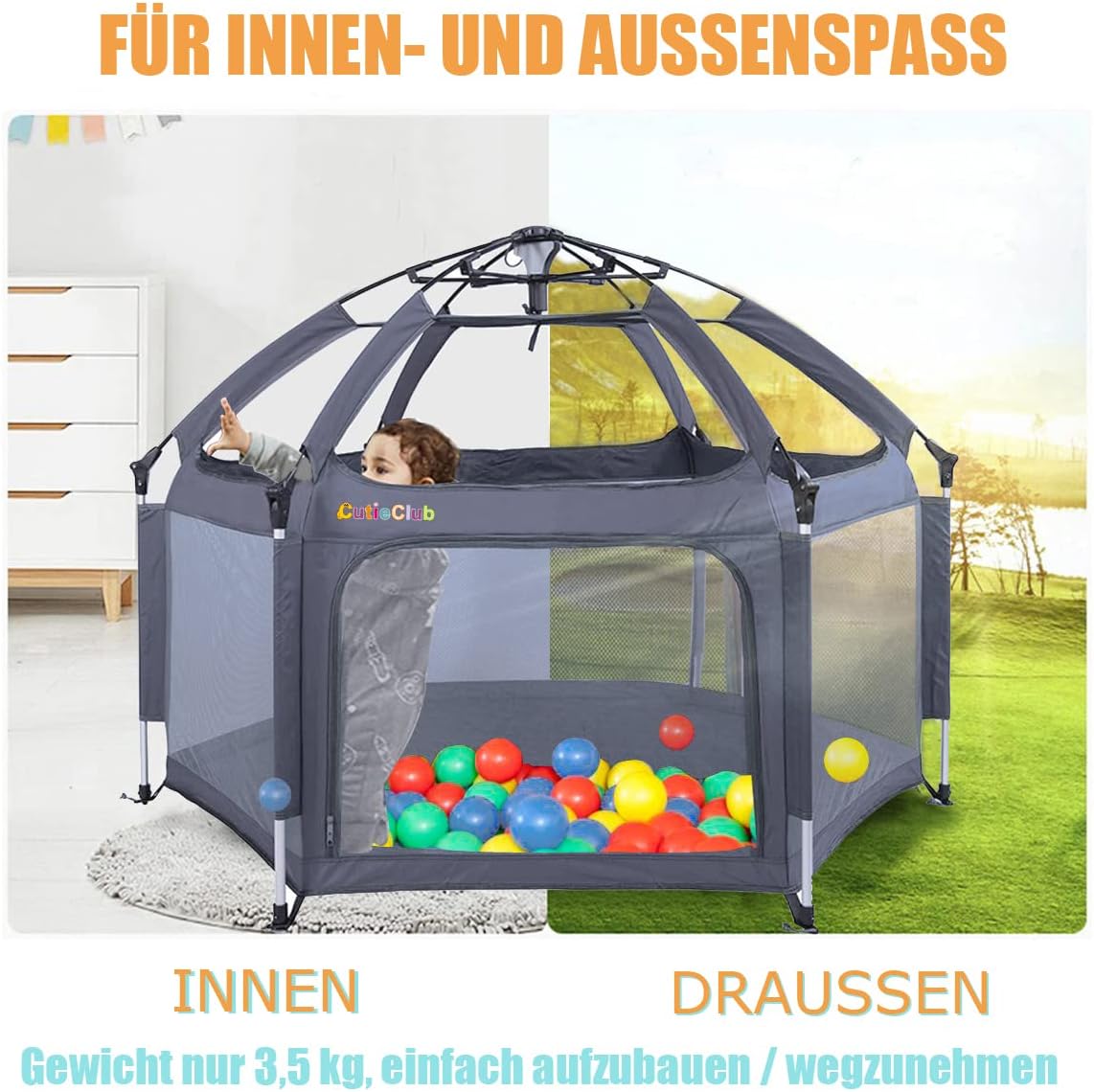 Box per Bambini Pieghevole con Materasso, Grigio - immagine 3