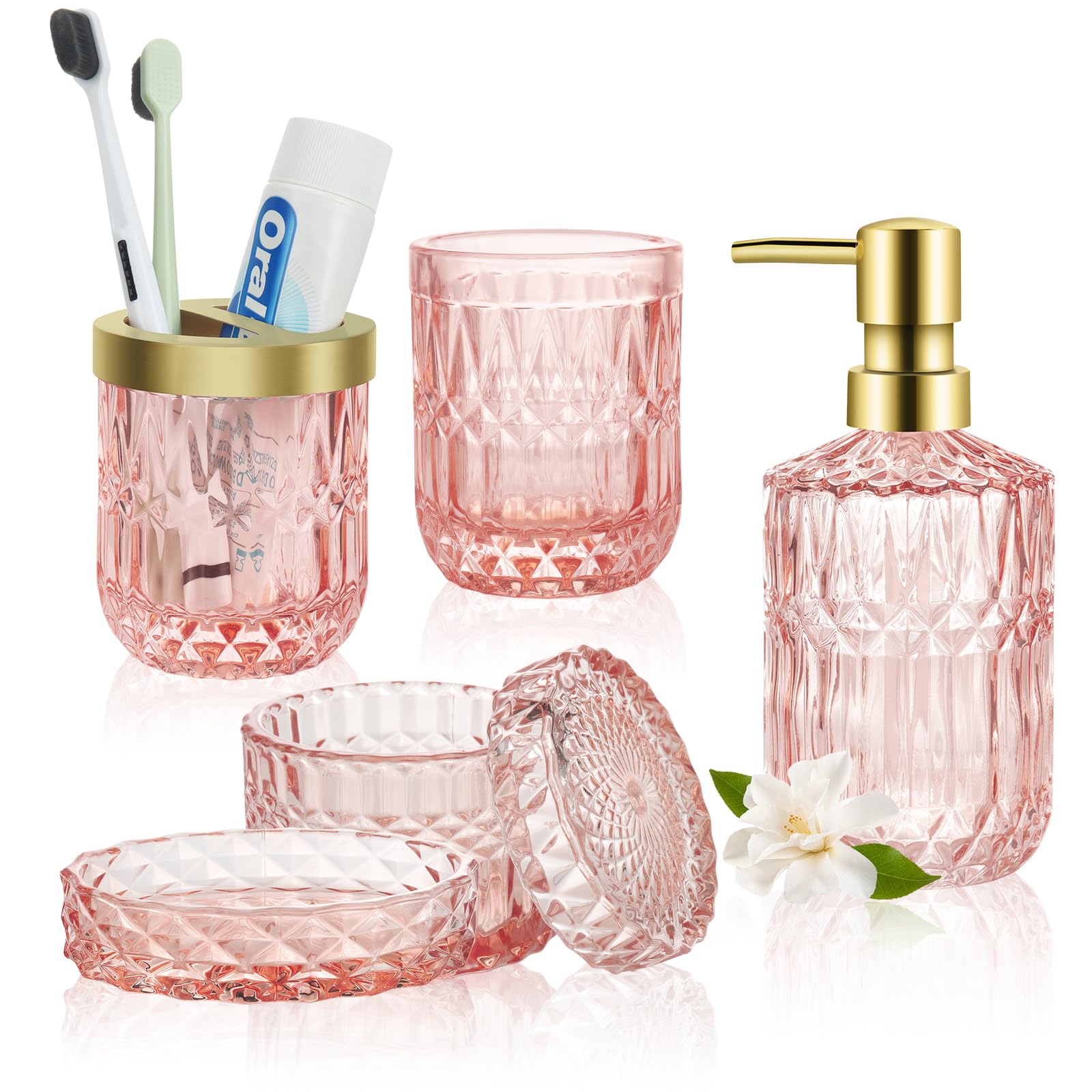 Set Accessori da Bagno 5 Pezzi in Vetro, Rosa