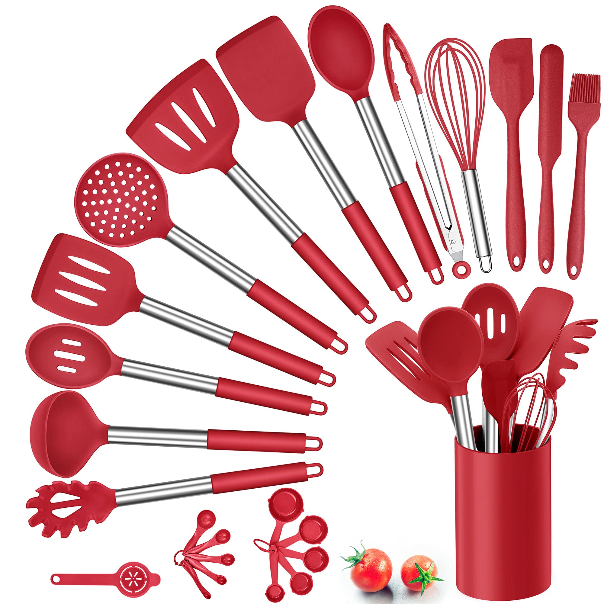 Herogo Set 25 Utensili Cucina in Silicone con Supporto, Rosso
