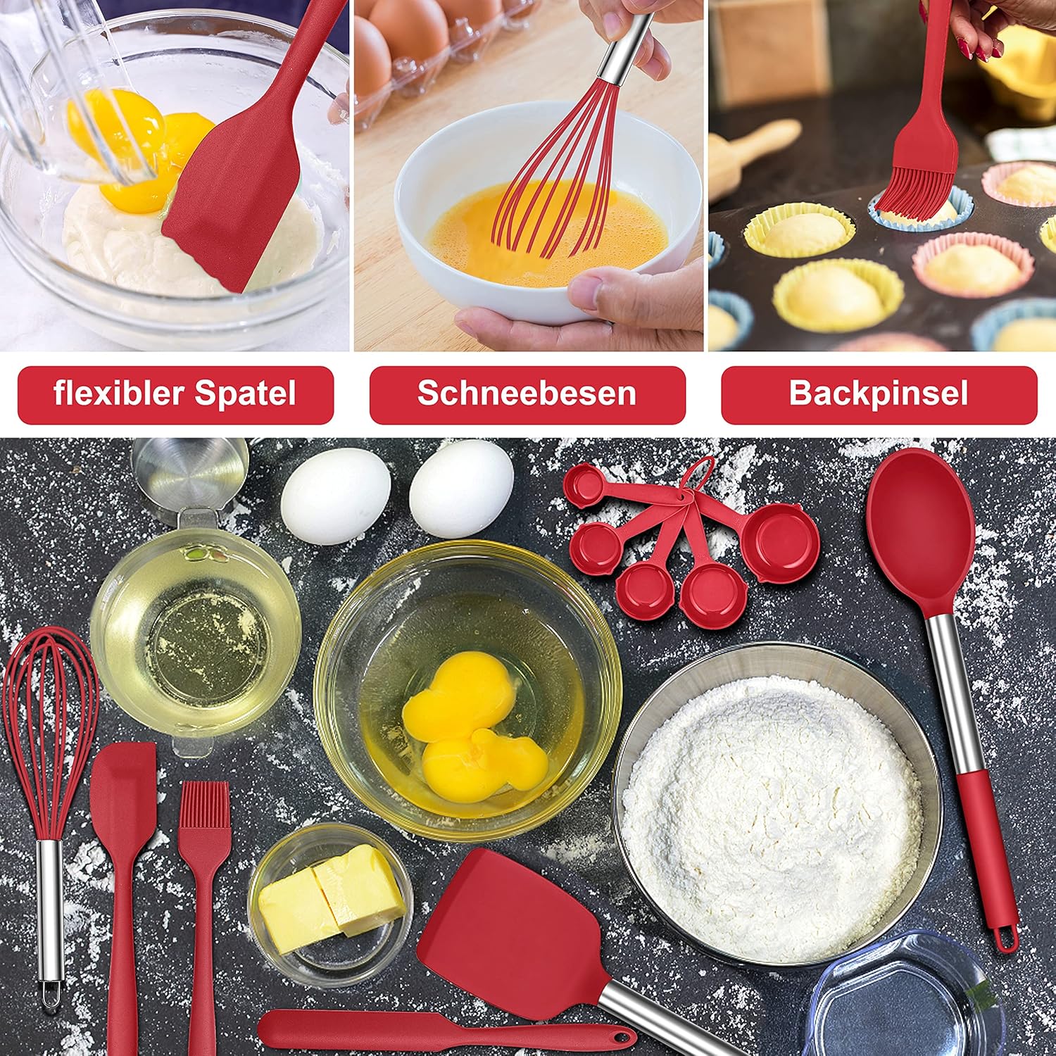 Herogo Set 25 Utensili Cucina in Silicone con Supporto, Rosso - immagine 3